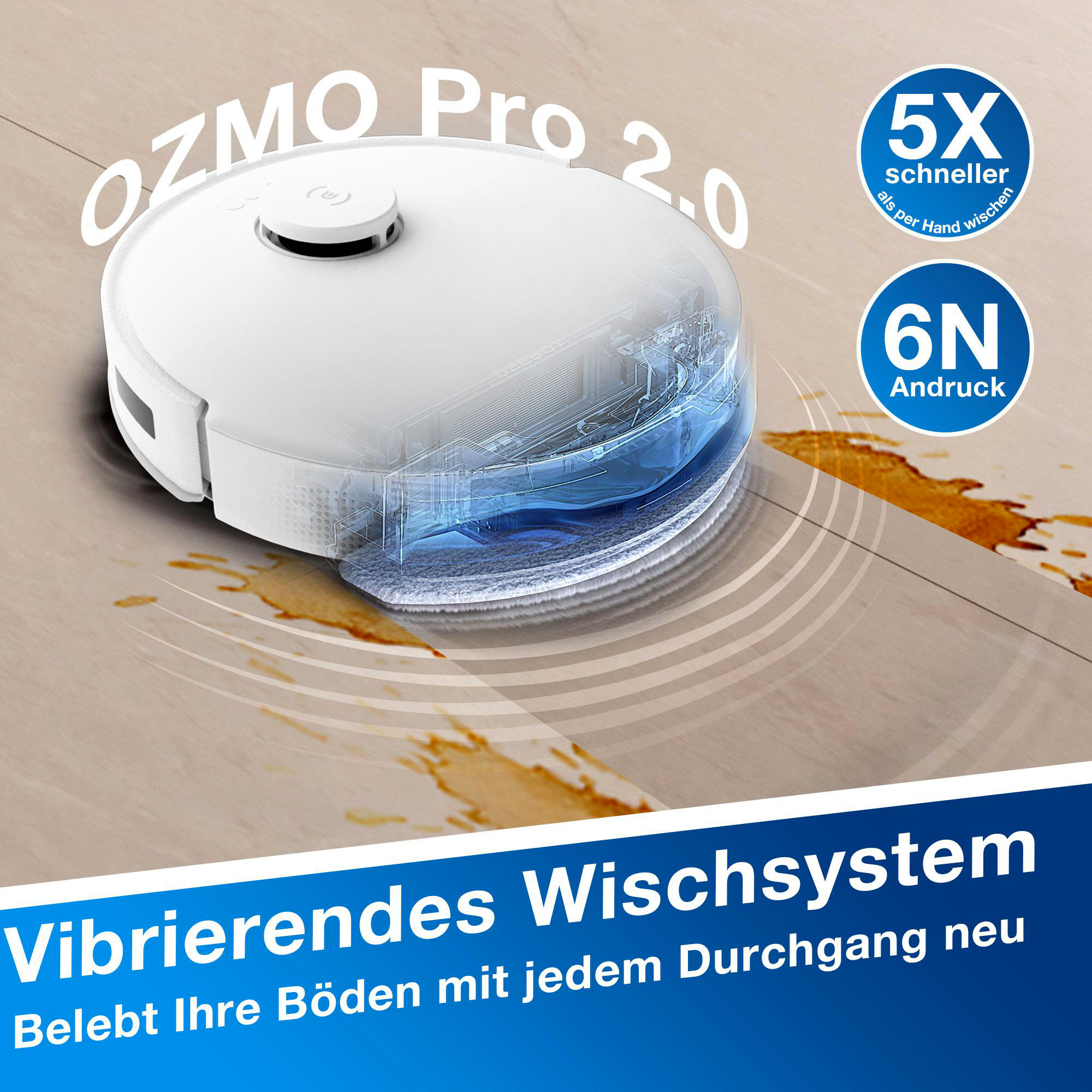 Weißer Roboter-Staubsauger beim Reinigen. Text: Ozmo Pro 2.0 und Vibrating Wischsystem.