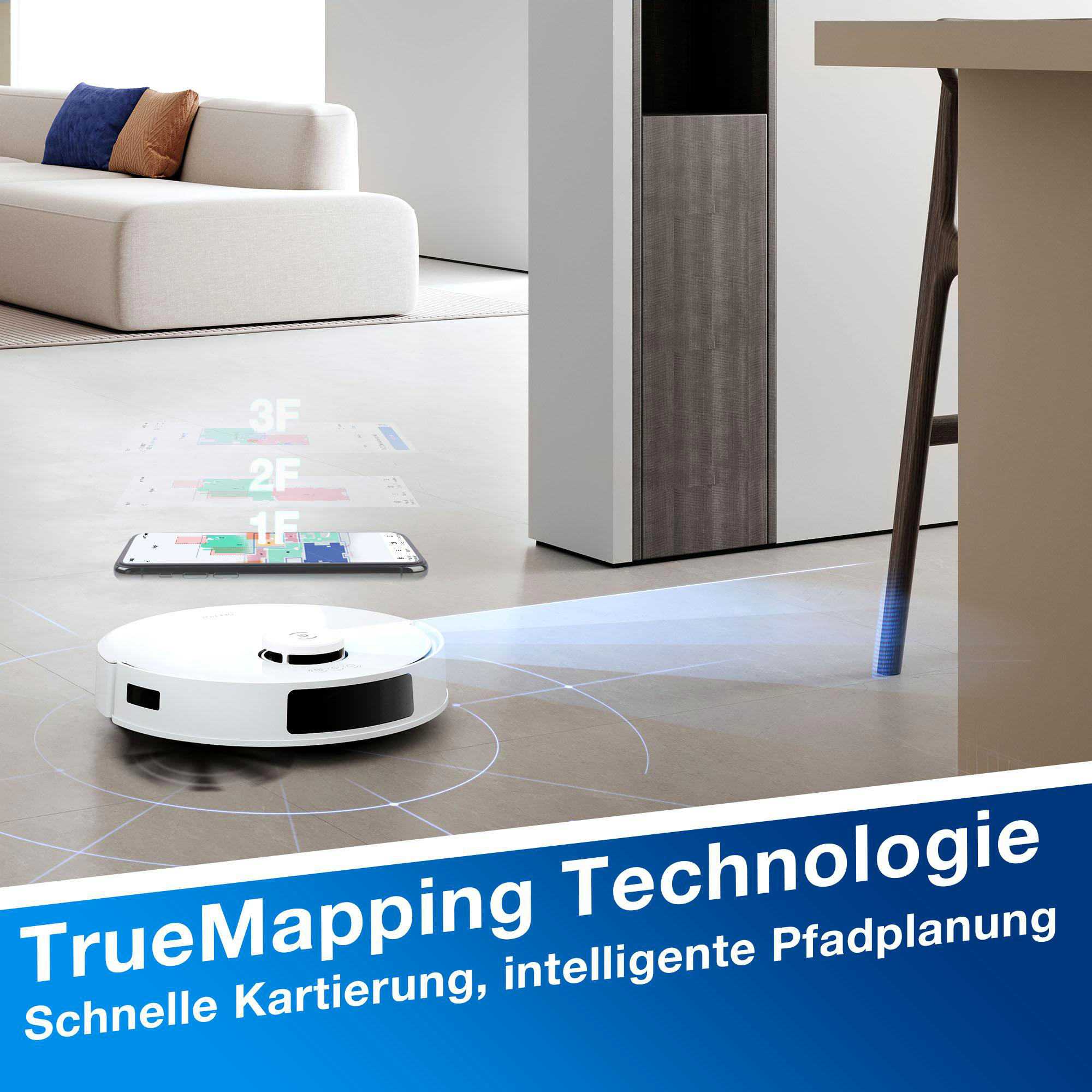Roboter-Staubsauger reinigt den Boden. Text: TrueMapping Technologie. Modernes Wohnzimmer.