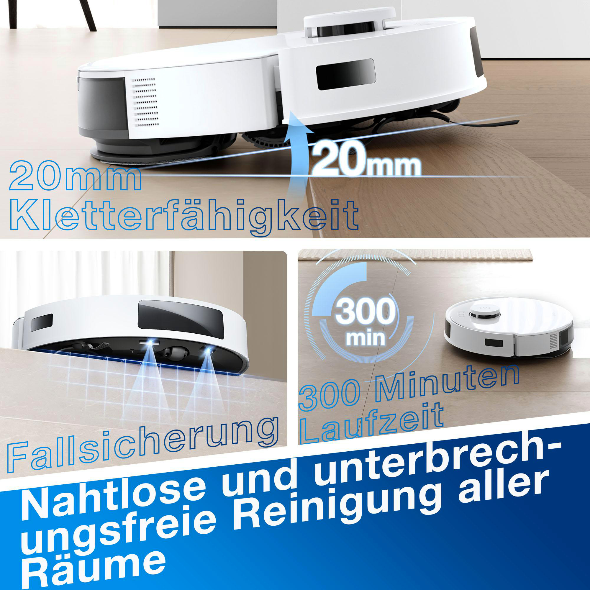 Weißer Roboter-Staubsauger beim Reinigen. Text: 20 mm, 120 mm. Text: 300 Minuten Laufzeit.