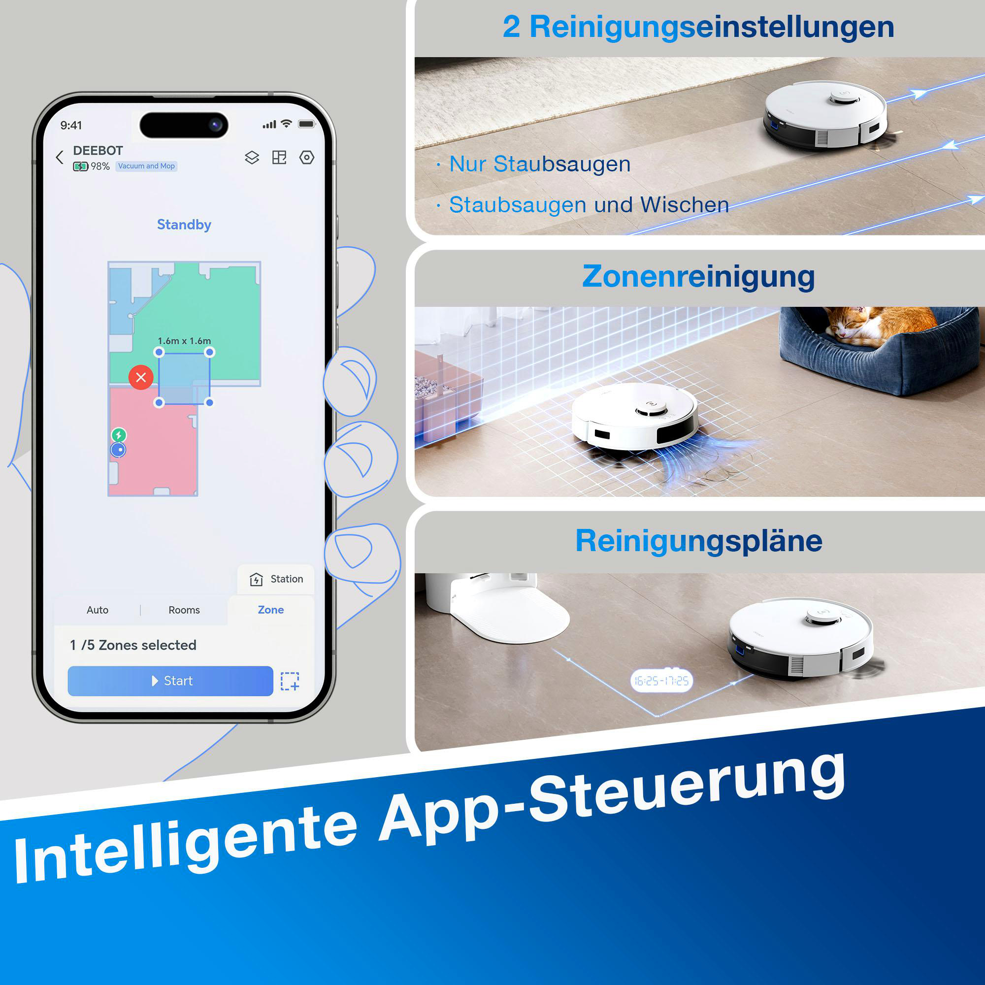 Smartphone-App zeigt Reinigungsroboter. Der Roboter ist im Standby-Modus.