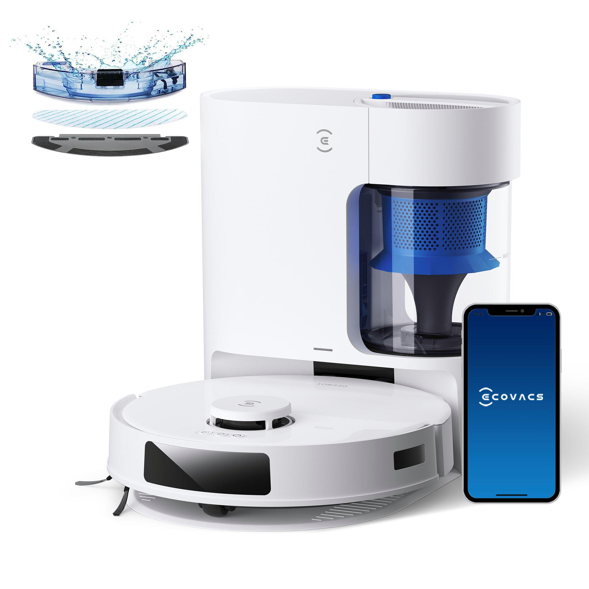 Weißer Roboter-Staubsauger und Ladestation. Smartphone mit App-Bildschirm.