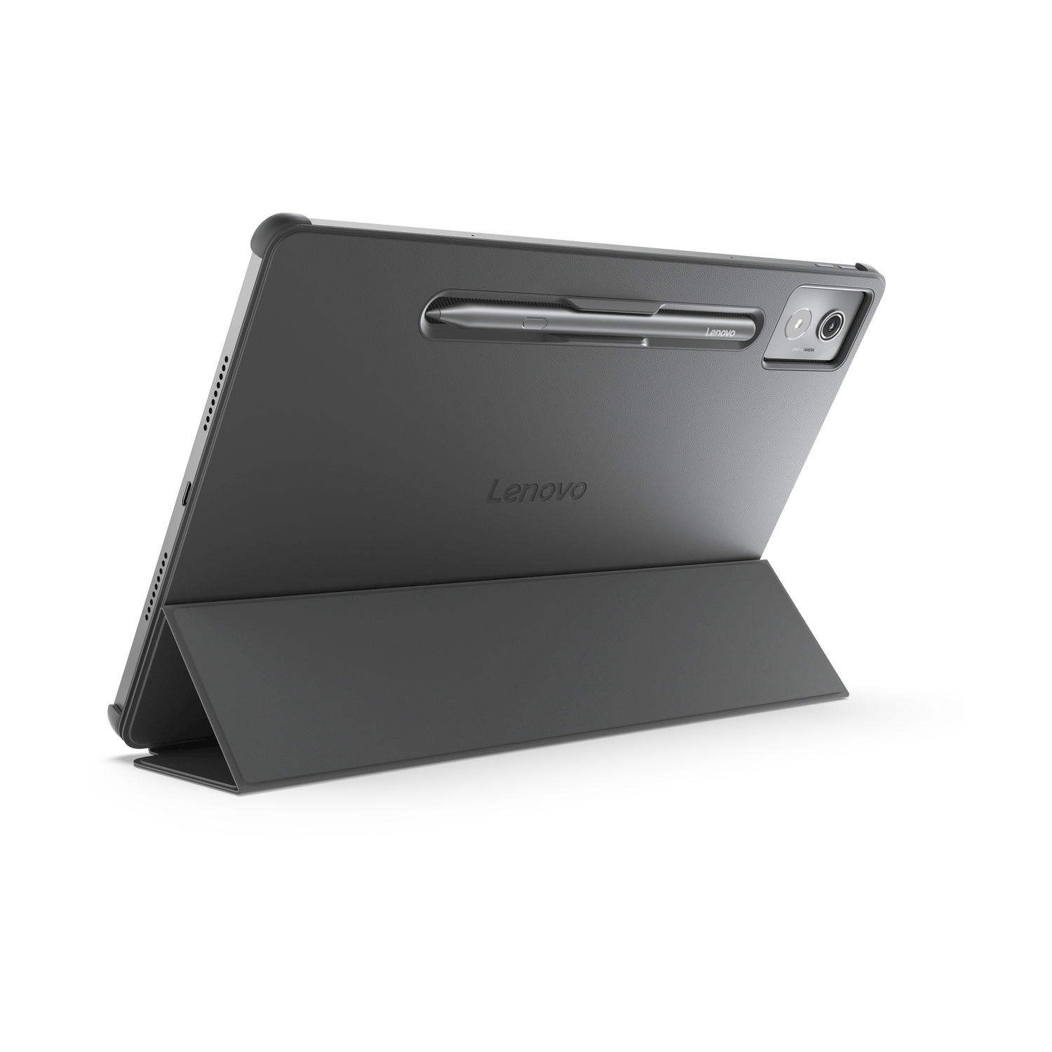 Un tablet grigio con una penna sopra.