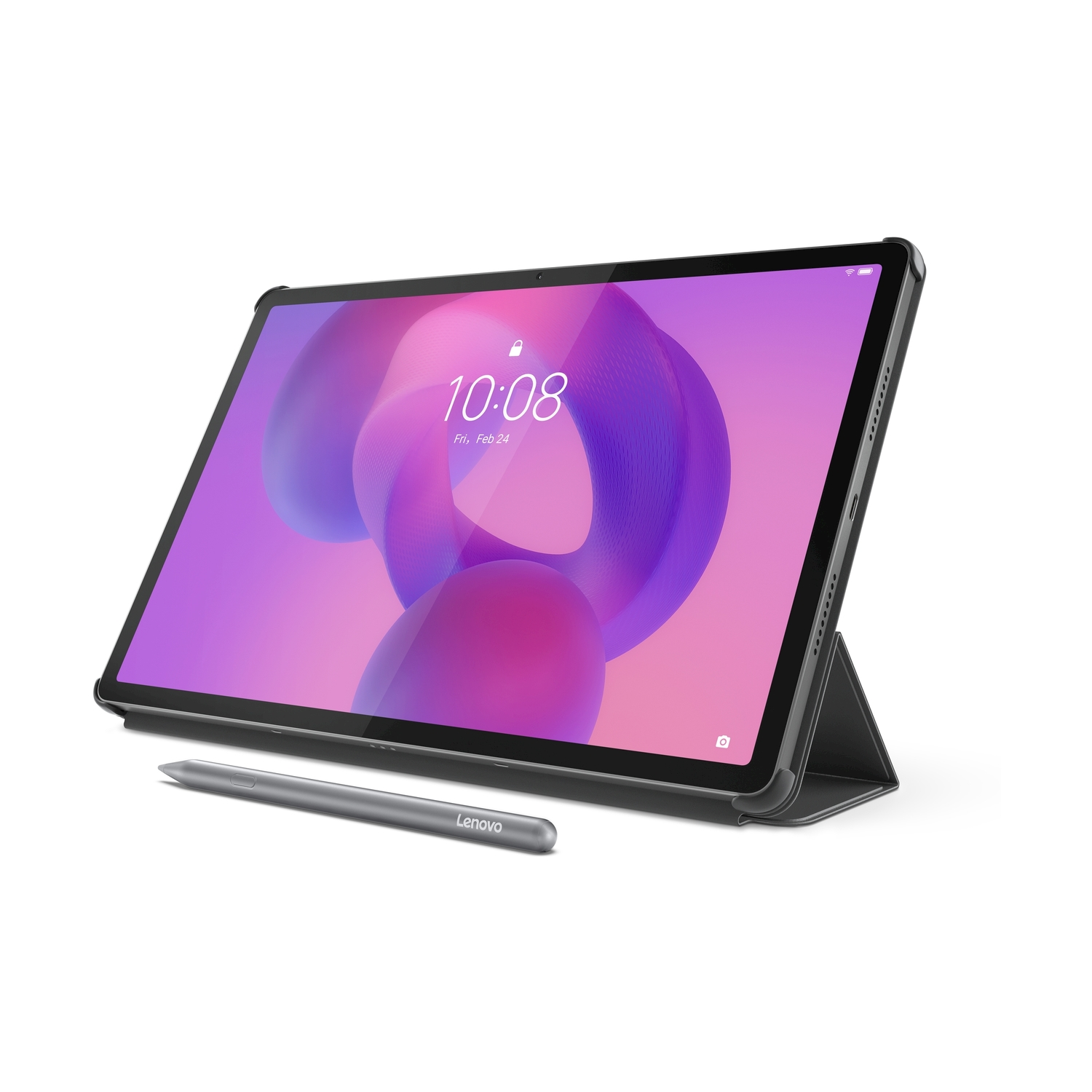 Un tablet Lenovo con uno stilo e una custodia.