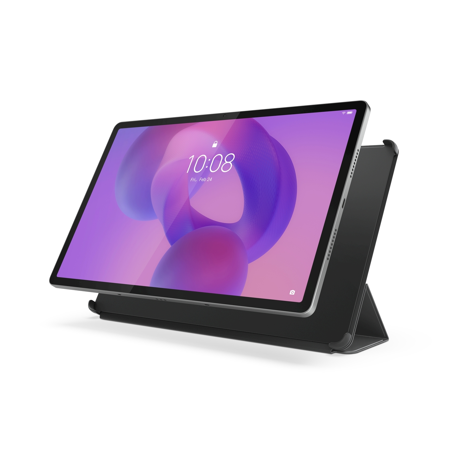 Tablet con schermo con un vortice viola e bianco, su un supporto nero.