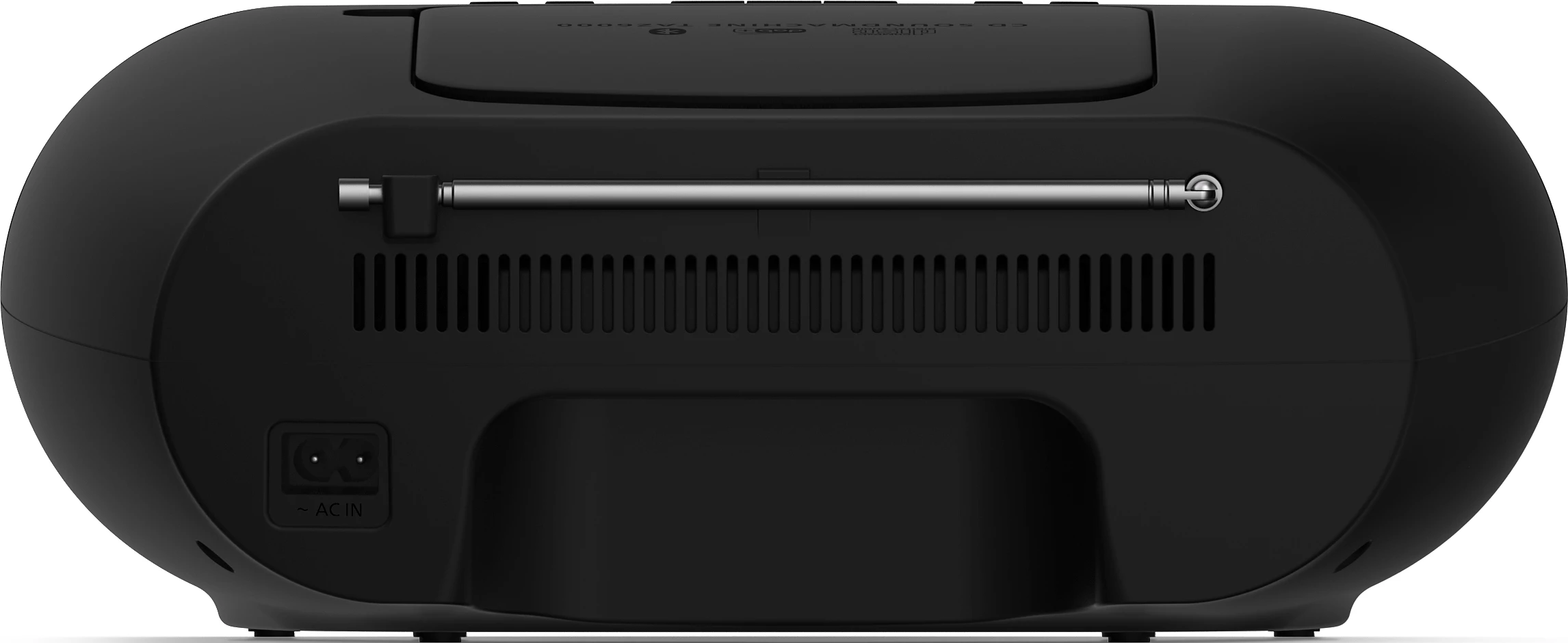 Un primo piano del retro di un boombox nero con controlli e antenna.