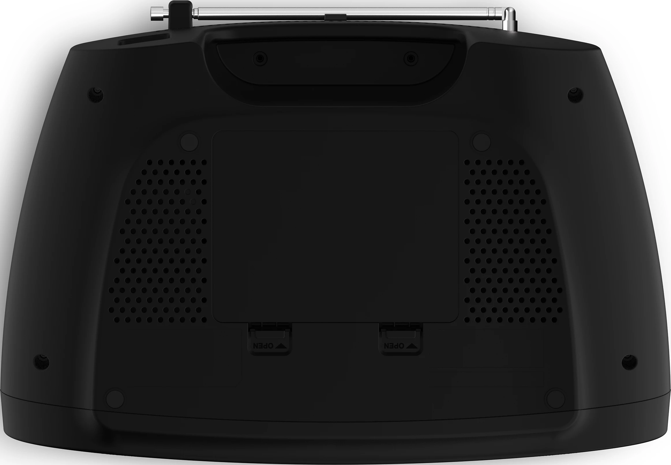 Retro di una radio nera con antenna. Il retro ha fori di ventilazione e due pannelli di accesso OPEN.
