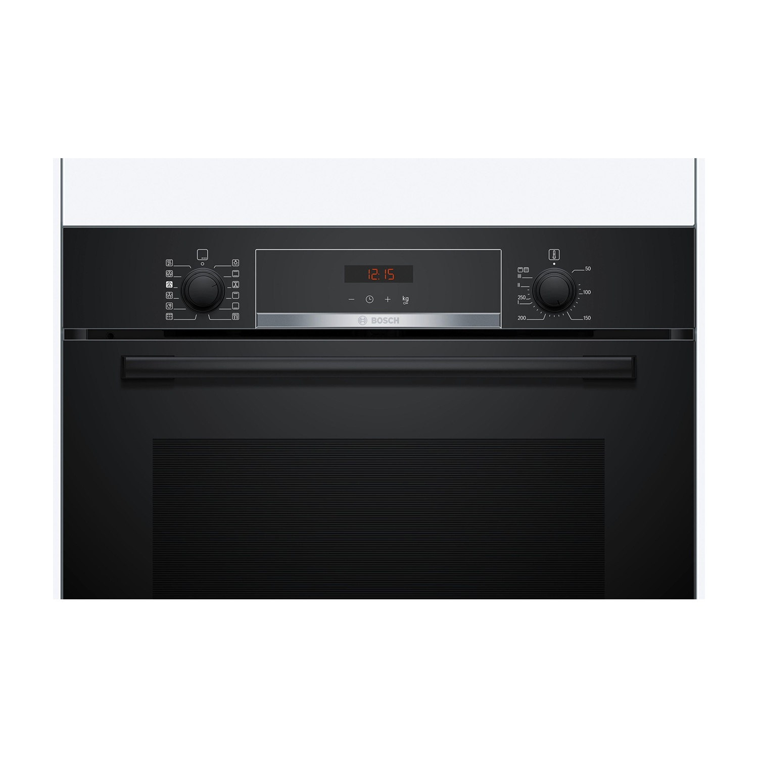 Un forno moderno con pannello frontale nero e parte superiore bianca.