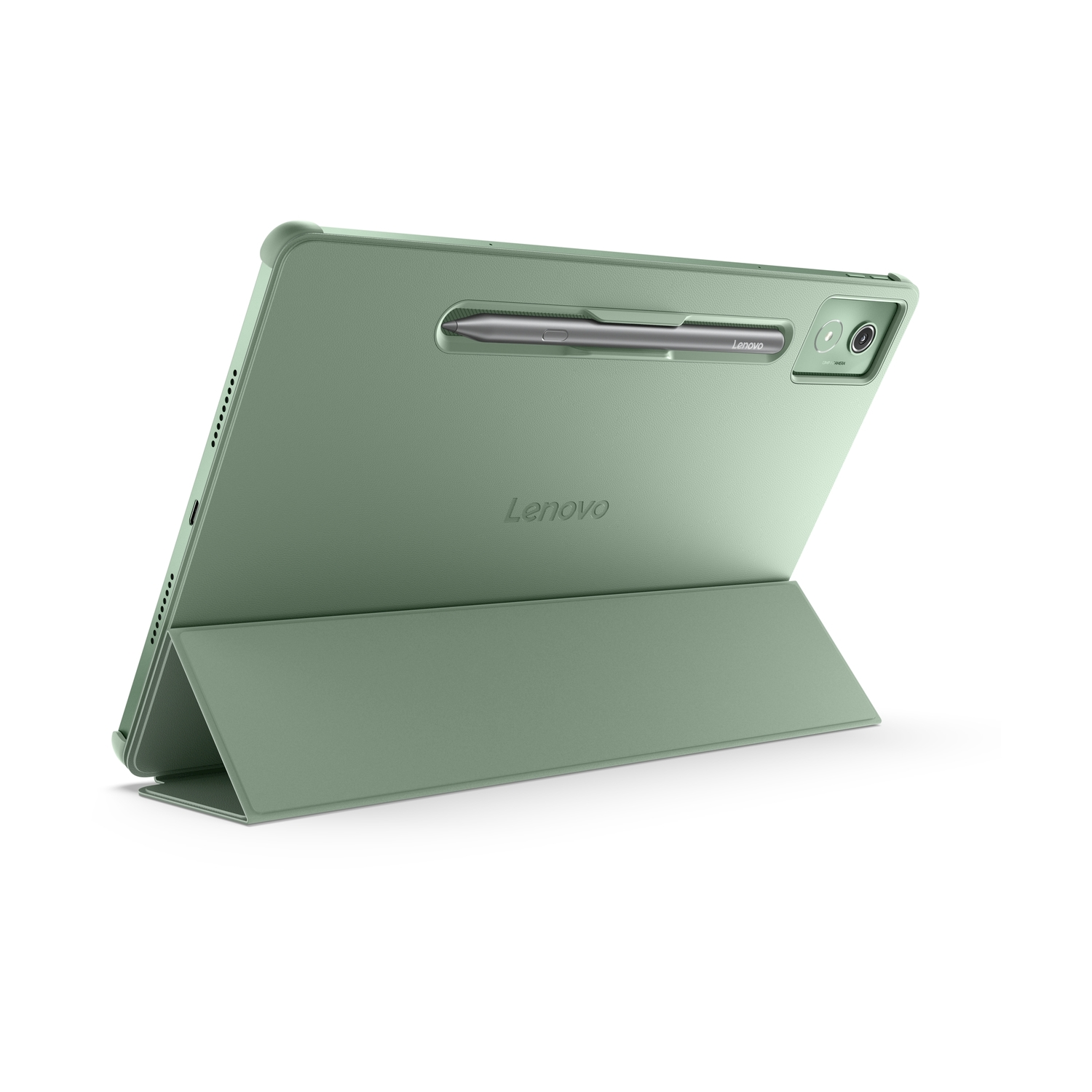 Un tablet verde con uno stilo. Il tablet è sostenuto da una cover.
