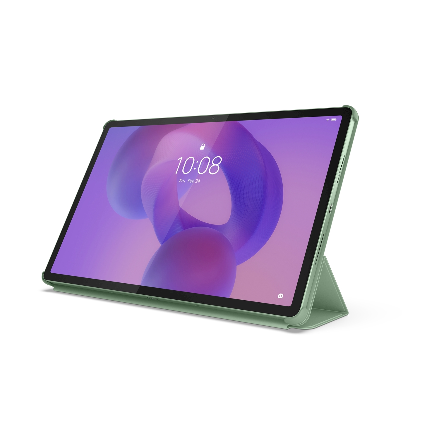 Tablet con cover verde, mostra un design viola e blu sullo schermo. L'ora è 10:08, 24 feb.