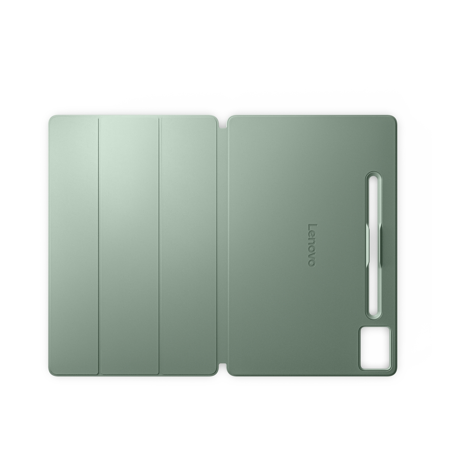 Custodia per tablet verde, aperta per mostrare un tablet e una penna.