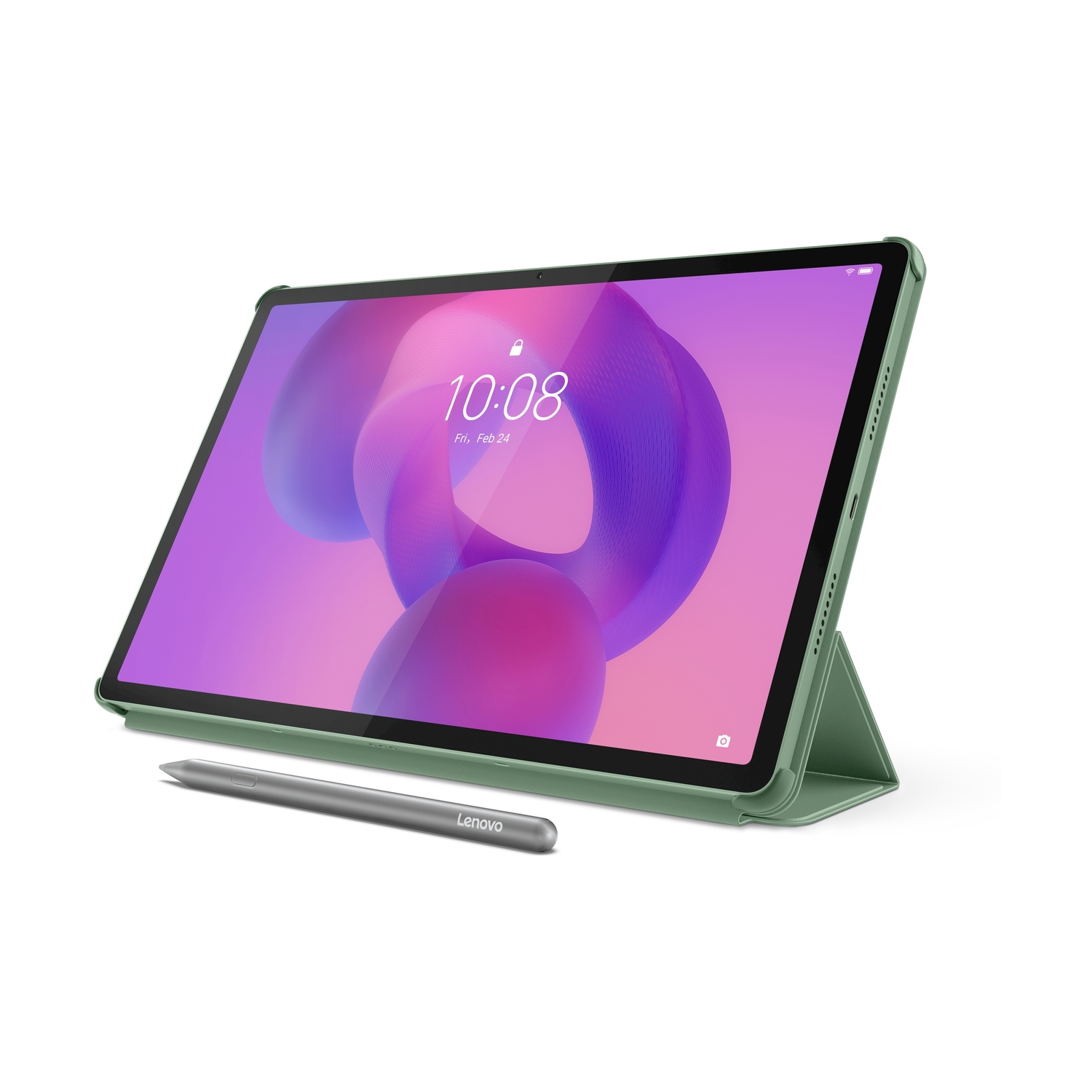 Un tablet verde con uno stilo su una superficie bianca.