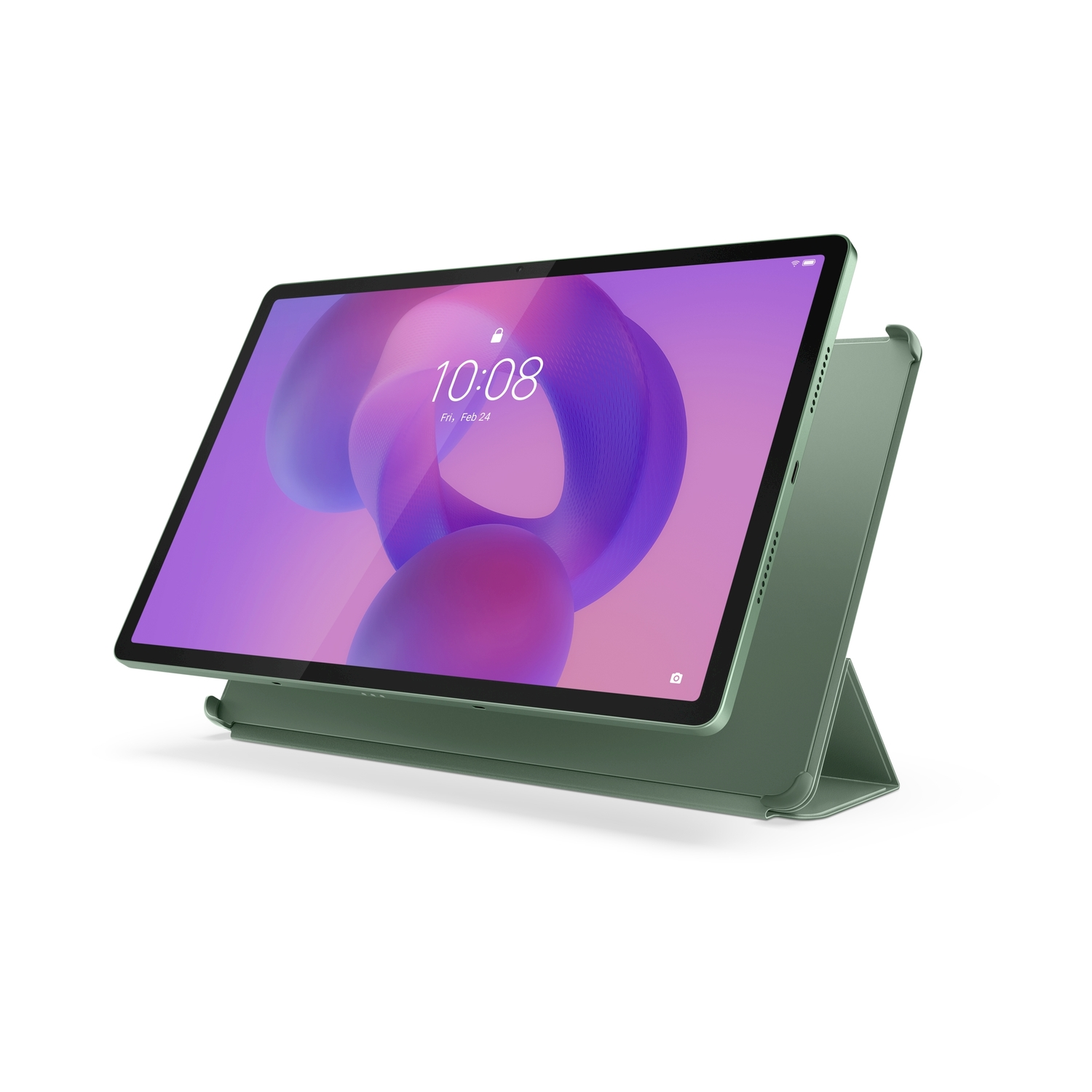 Tablet verde con schermo che mostra grafica viola e blu, sostenuto da un supporto.