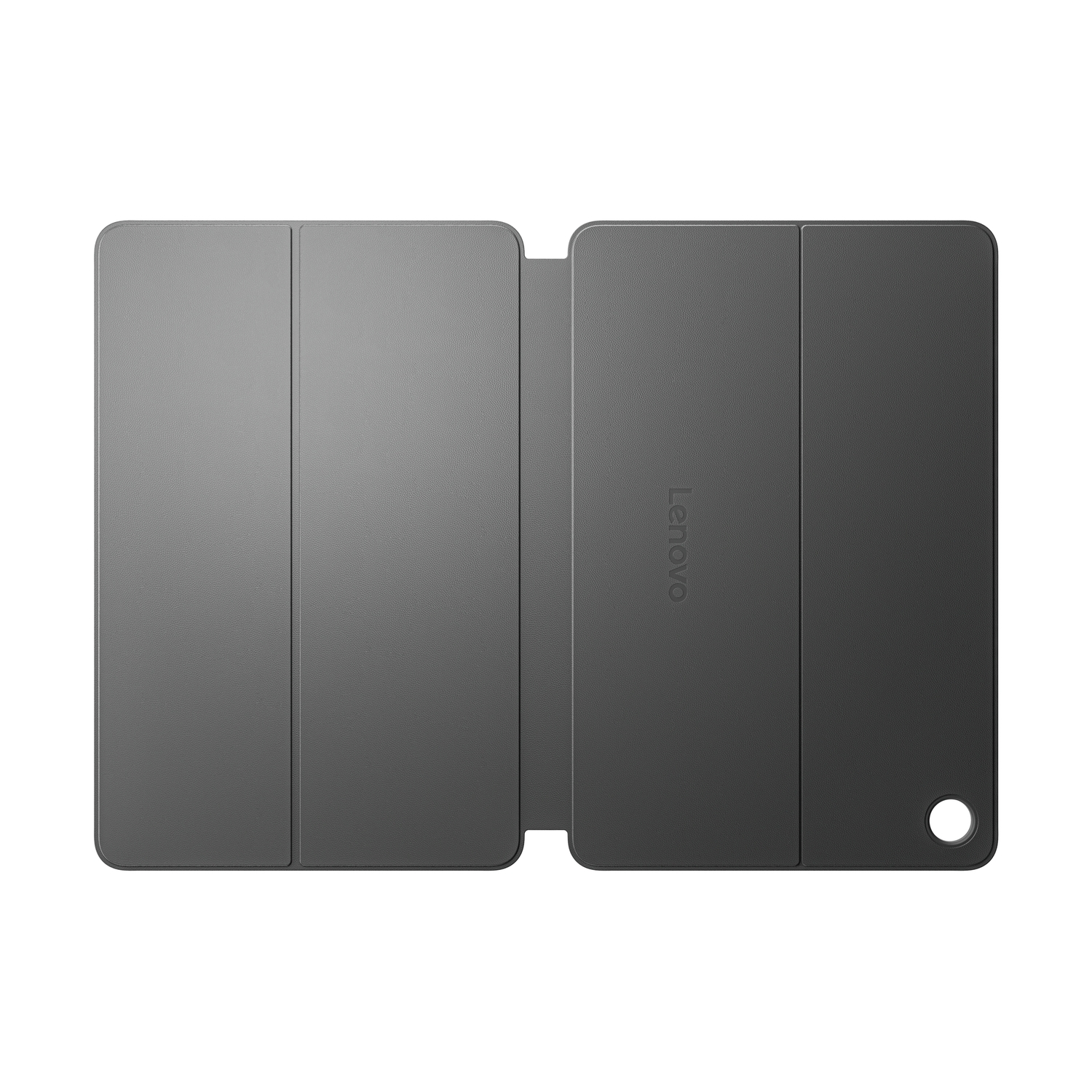 Custodia per tablet grigia aperta, con il logo Lenovo visibile sul lato destro.