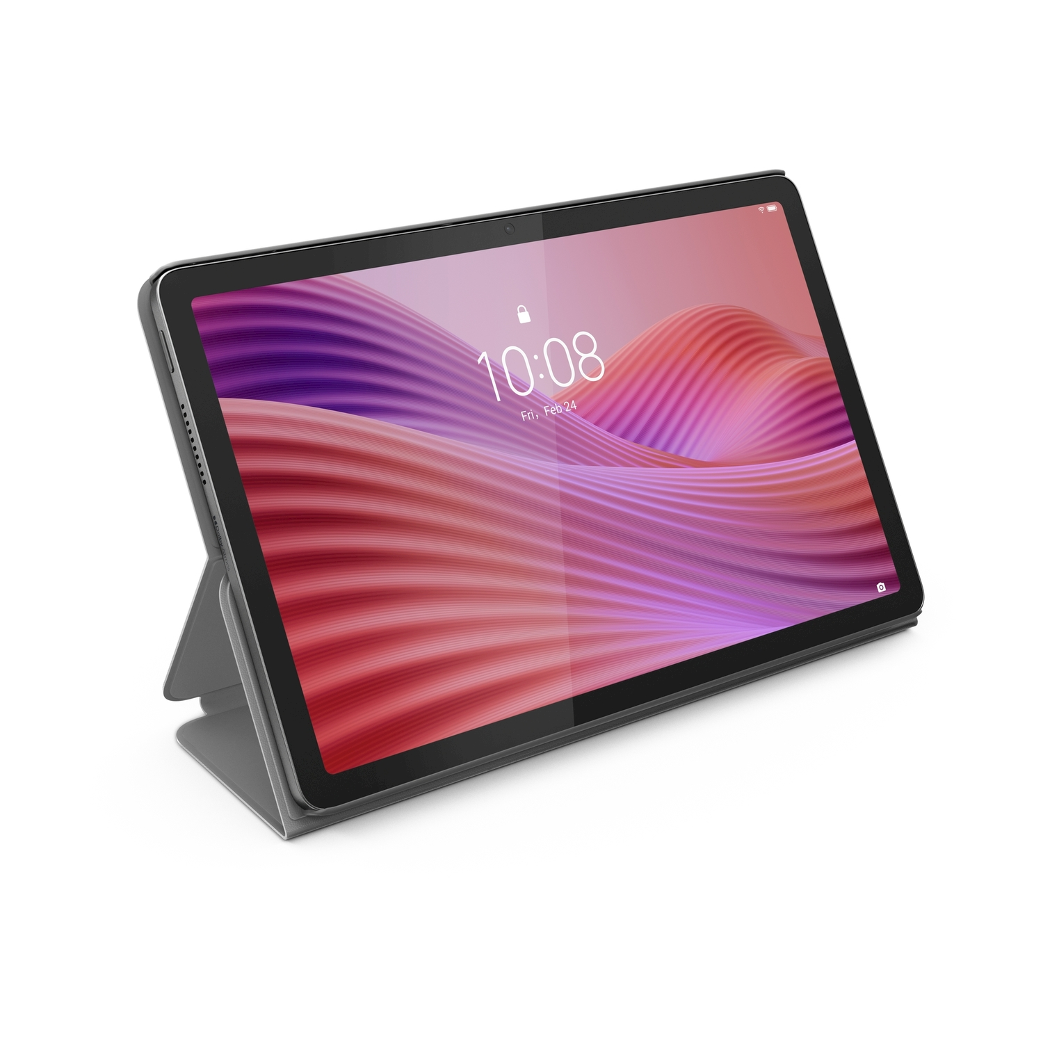 Tablet con schermo che mostra l'ora e sfondo astratto, in custodia grigia.