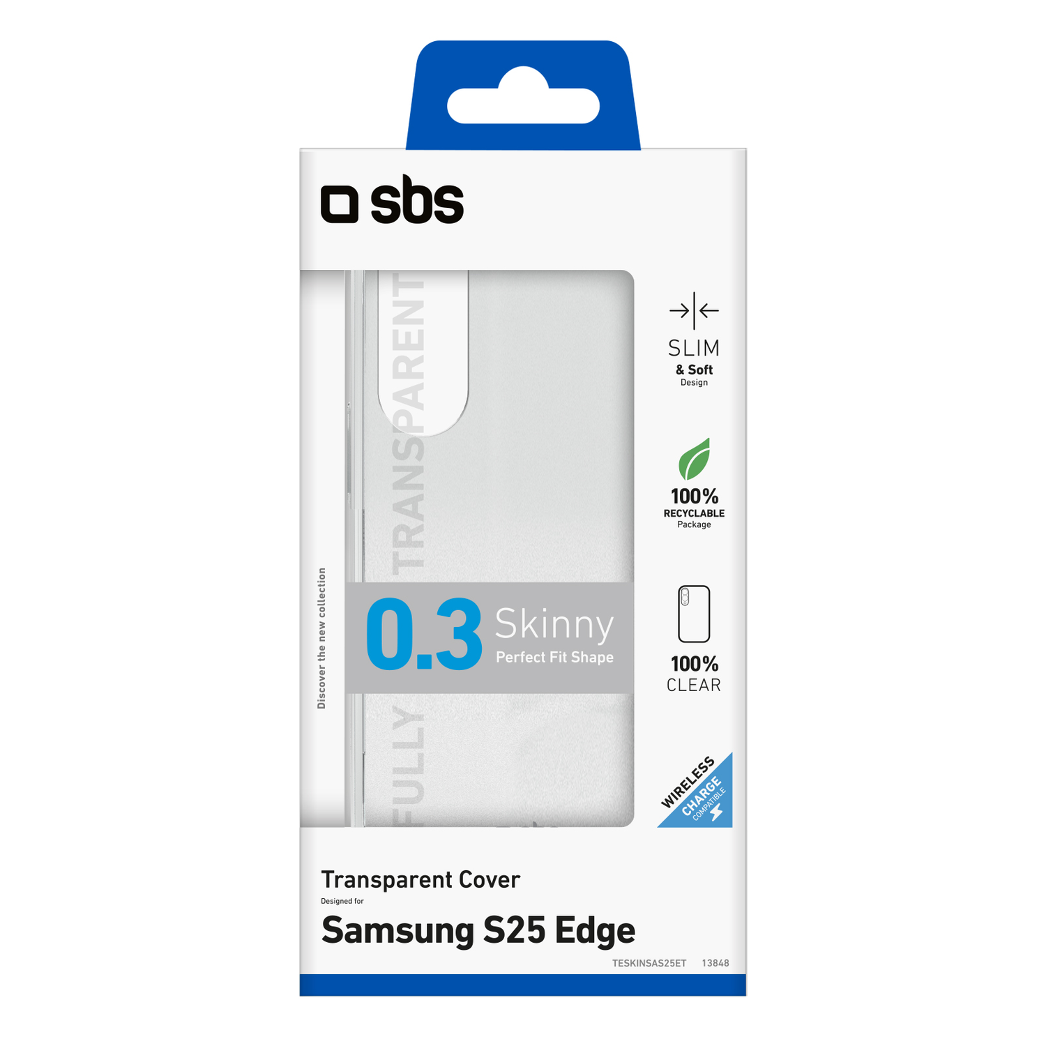 Un emballage pour Samsung S25 Edge. Emballage blanc, avec le logo SBS et le texte : Transparent Cover, Skinny, 100% Clear, Wireless Charge.