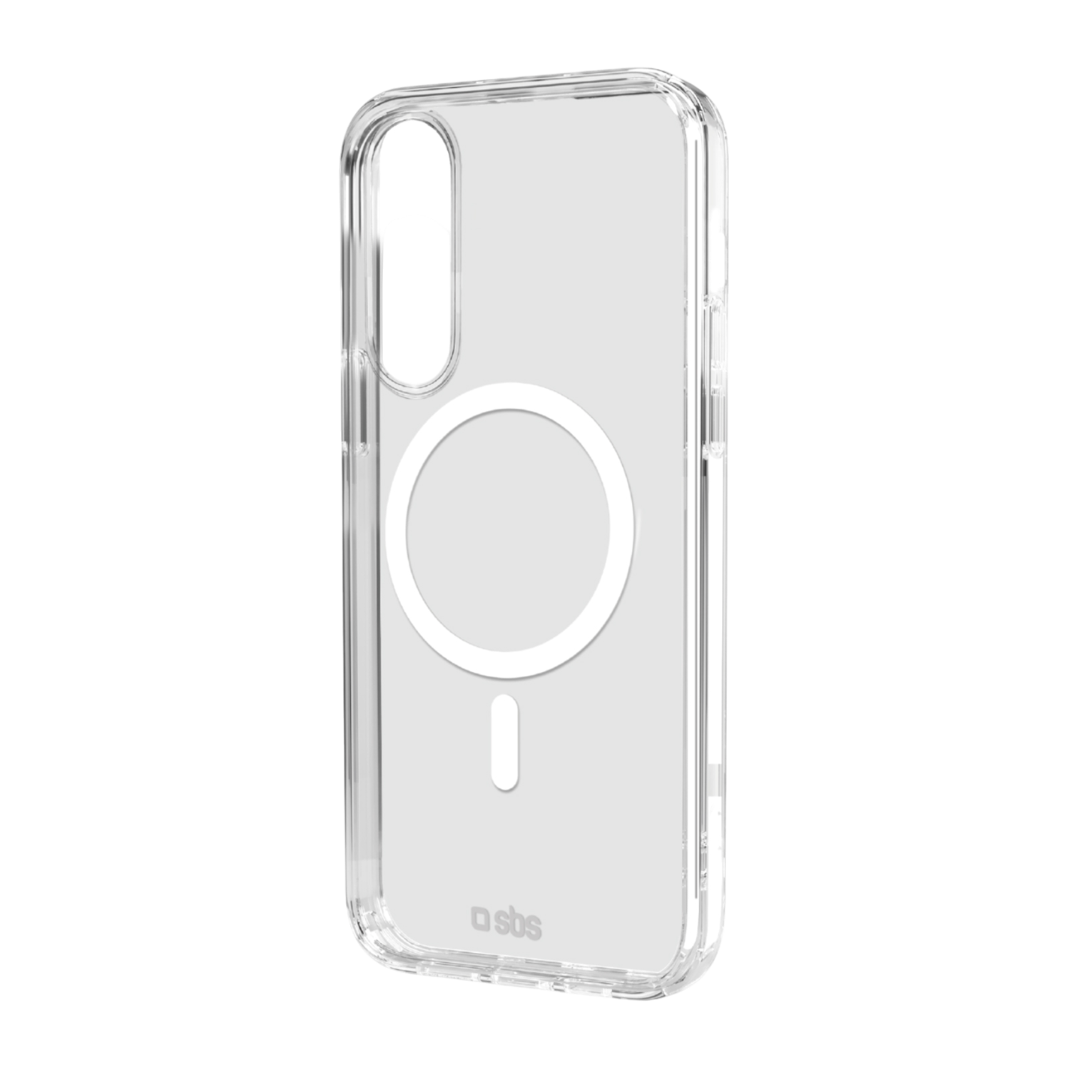 Een transparante telefoonhoes met een witte cirkel en een minteken. Het heeft het 'sbs' merklogo onderaan.