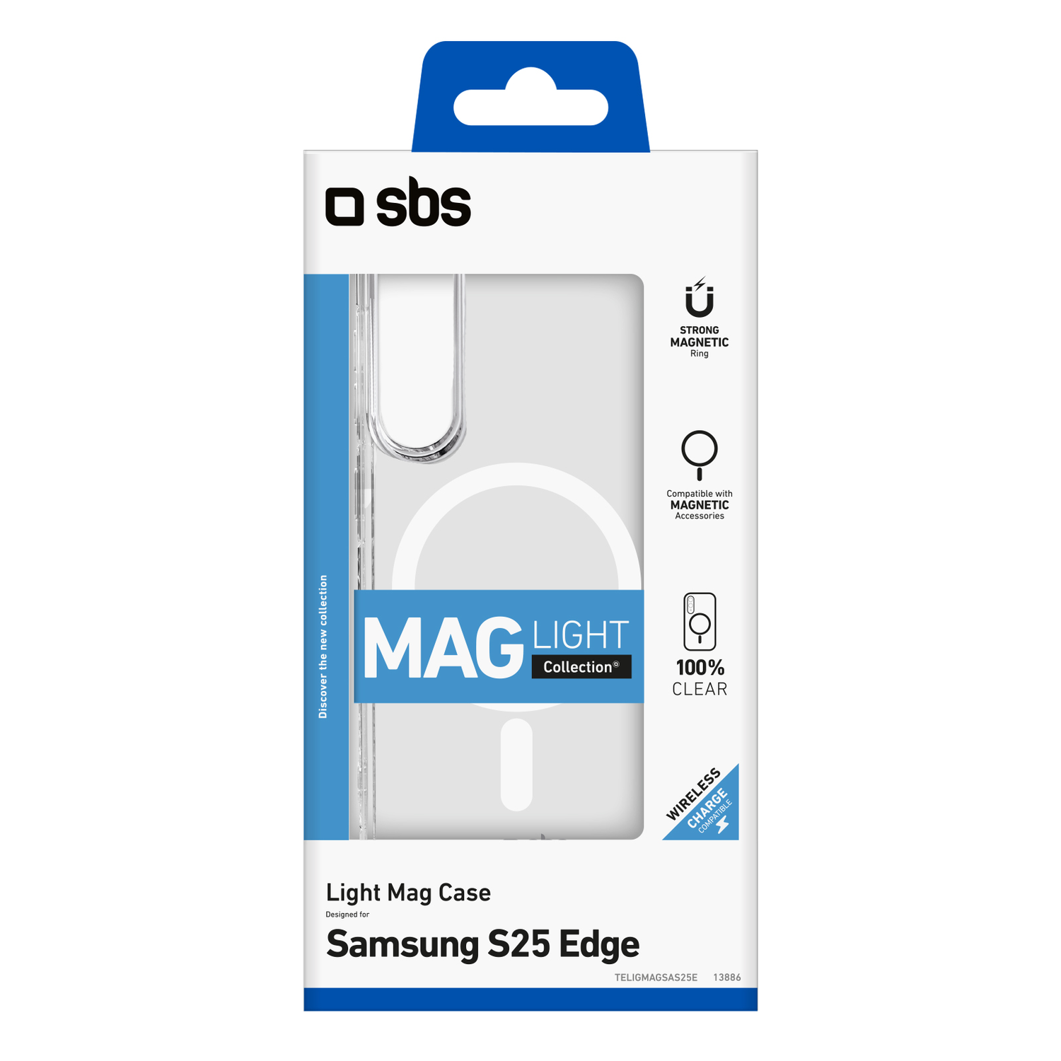 Een telefoonhoesje verpakking. Bovenaan staat de merknaam 'sbs'. De hoes is transparant, voor Samsung S25 Edge.