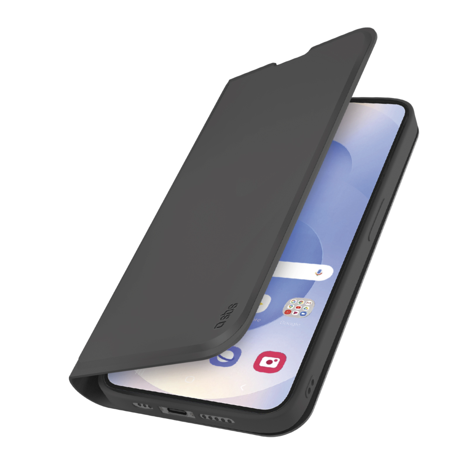 Coque de téléphone noire, ouverte. Le téléphone affiche des applications à l'écran. La coque est gris foncé.