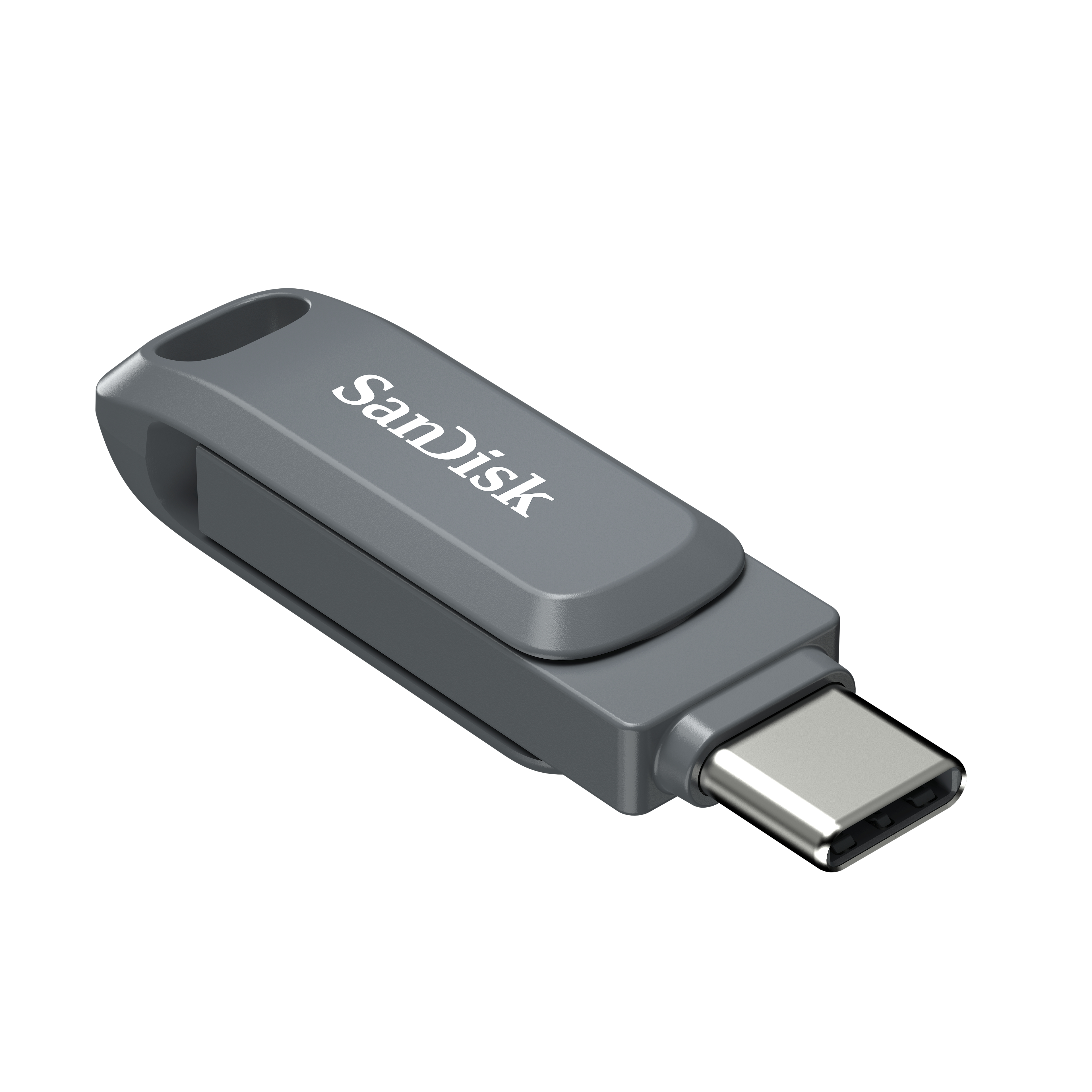 Grauer Sandisk USB-Stick, nach oben abgewinkelt, mit USB-C-Anschluss sichtbar.