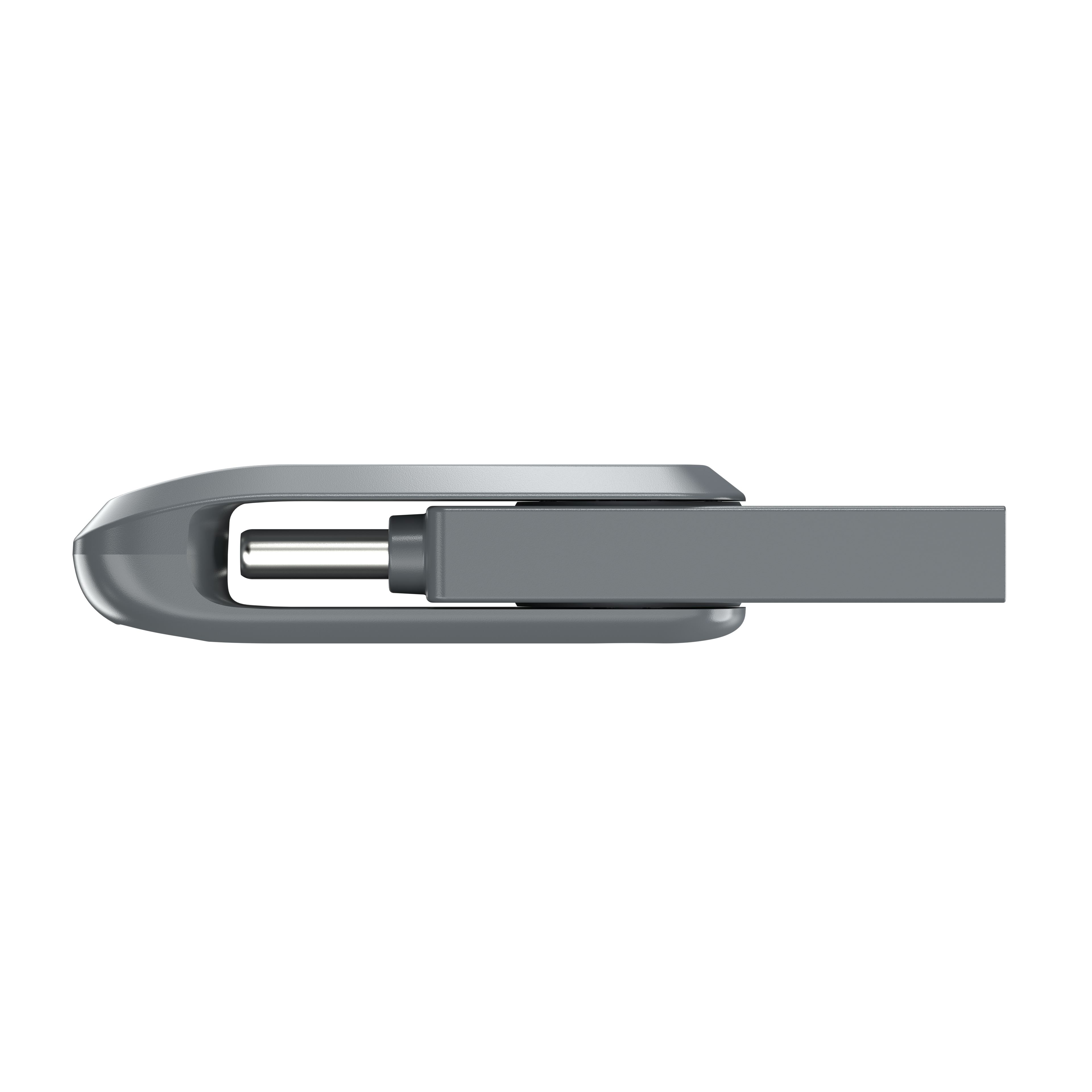 Grauer USB-Stick mit abgerundetem Design und Metallanschluss.