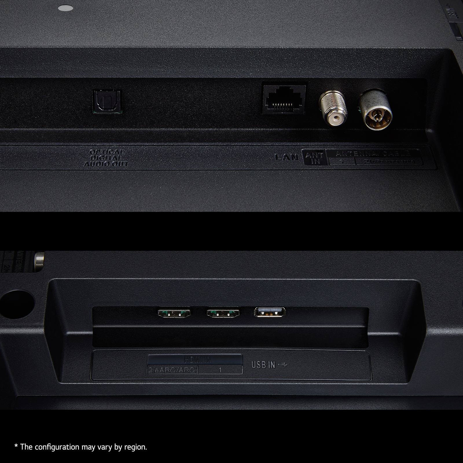 Nahaufnahme der TV-Rückseite mit Anschlüssen, einschließlich HDMI, USB und digitalem Audioausgang.