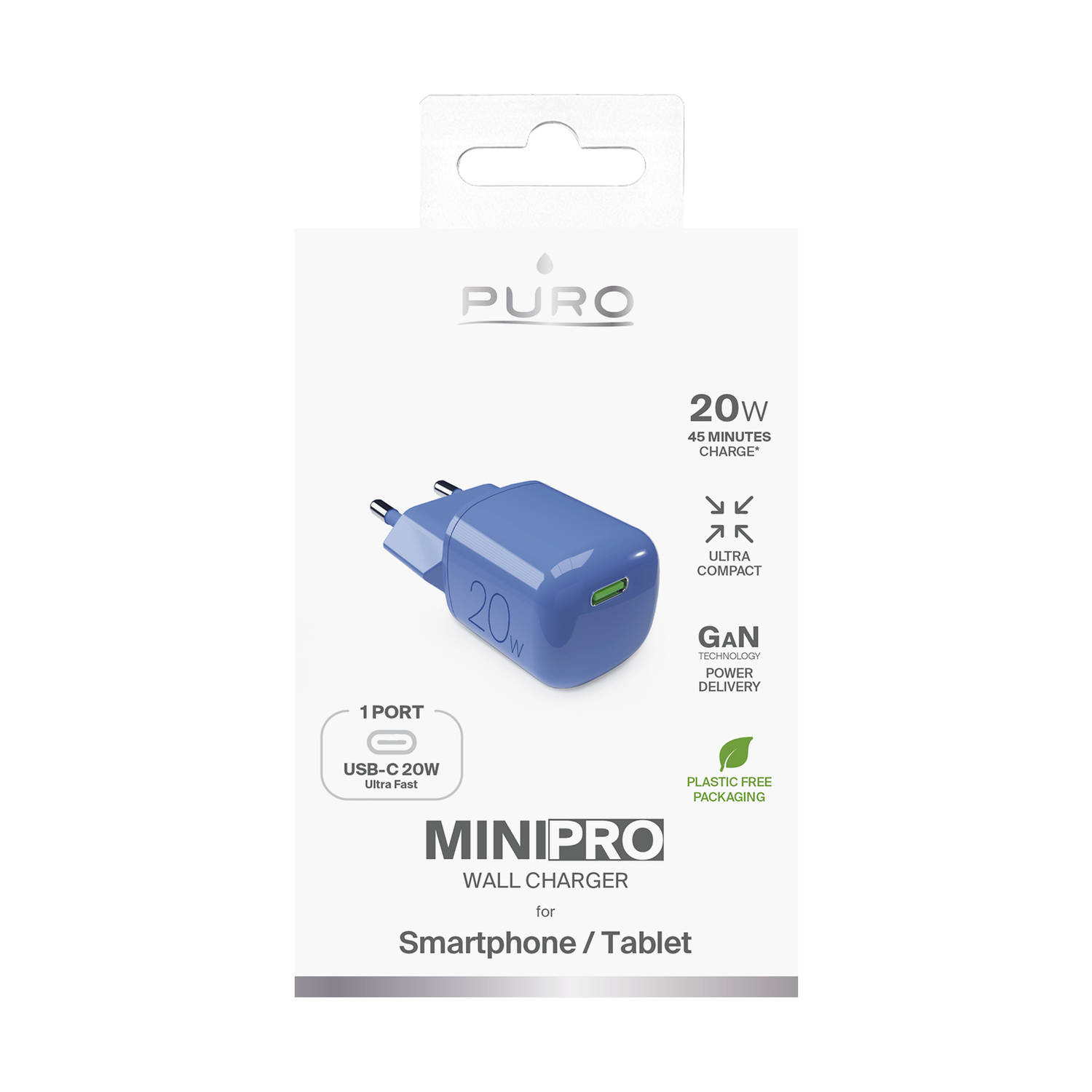 Caricabatterie blu da 20 W nella confezione. Il testo recita: 20W, USB-C, MiniPro Wall Charger.