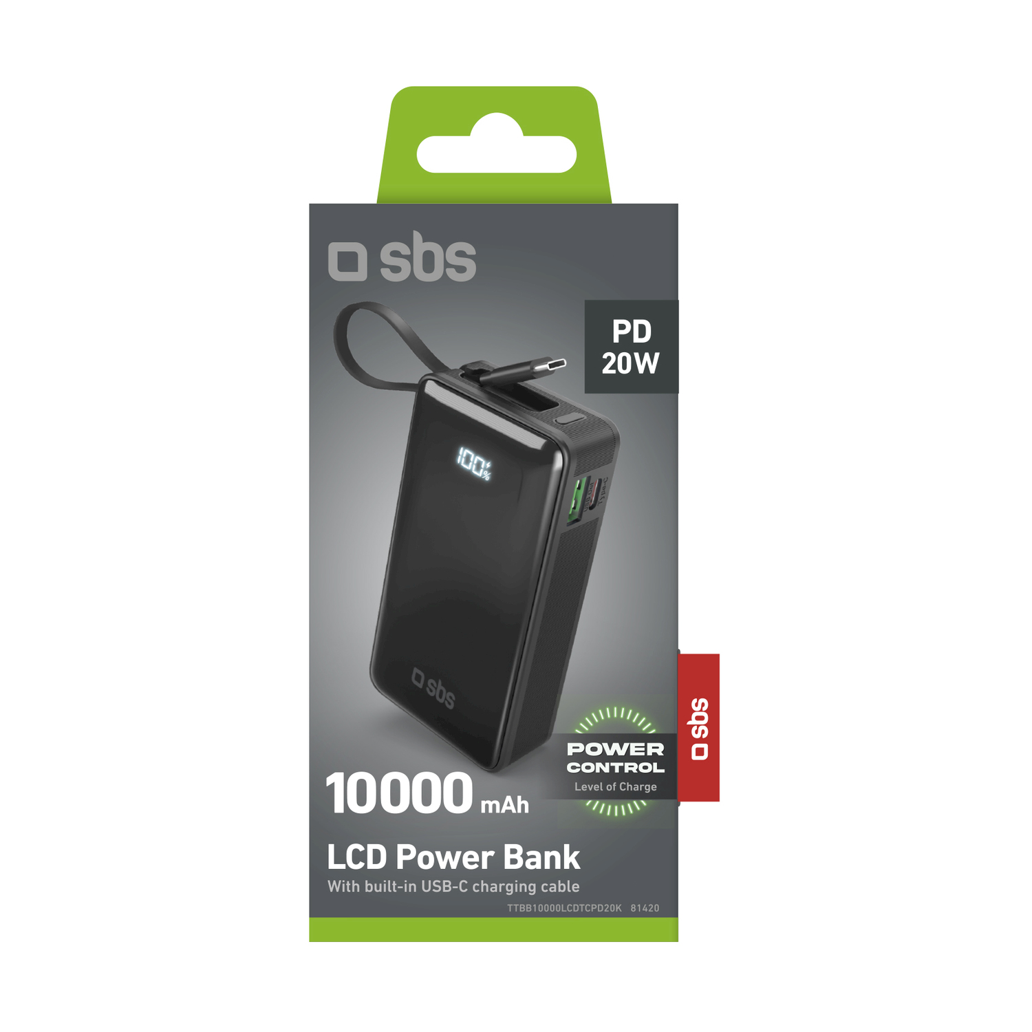 Power bank nero. Display LCD, 10000 mAh, cavo di ricarica USB-C. Confezione del prodotto.