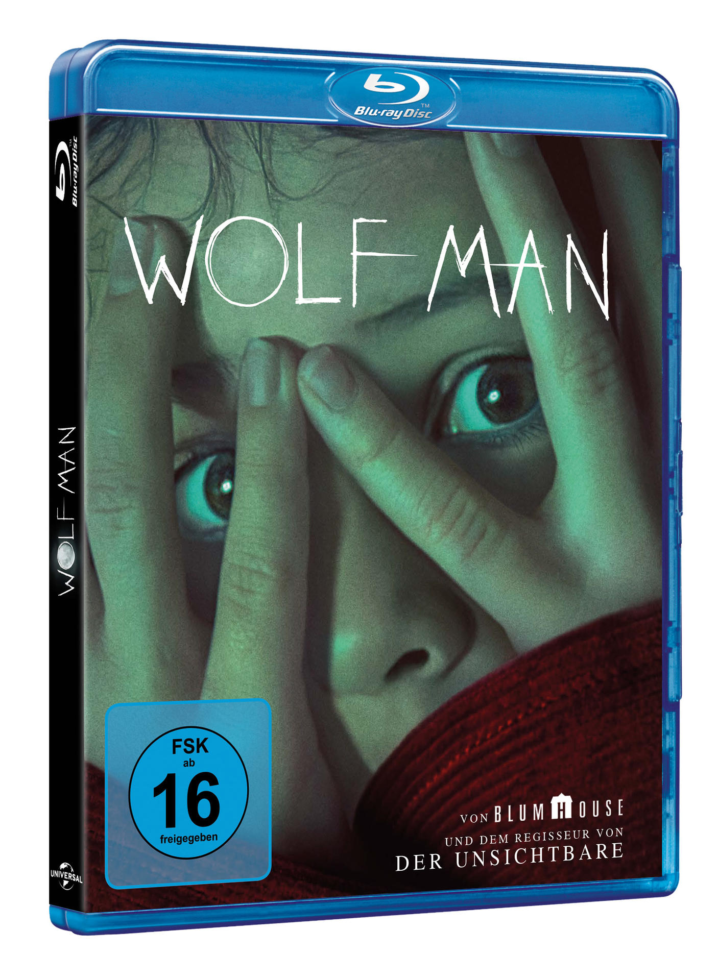 Filmcover: Gesicht teilweise von Händen bedeckt, Titel 'WOLF MAN', blaue Blu-ray-Hülle.