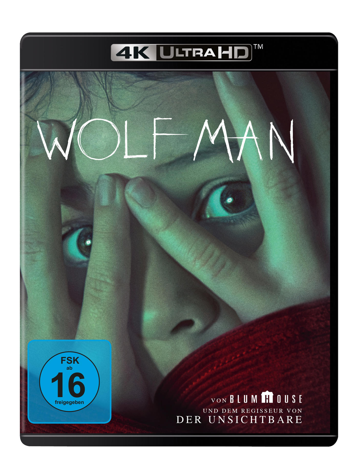 Wolfman-Filmcover. Das Gesicht einer Person wird teilweise von Händen bedeckt, Horror-Thema.