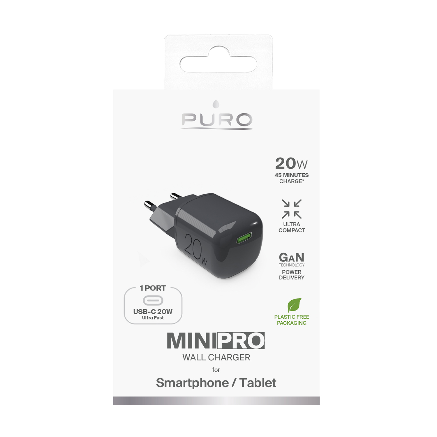 Caricatore a scatola bianca con etichetta 'MINIPRO' e '20W'. Caricatore nero con porta USB-C.