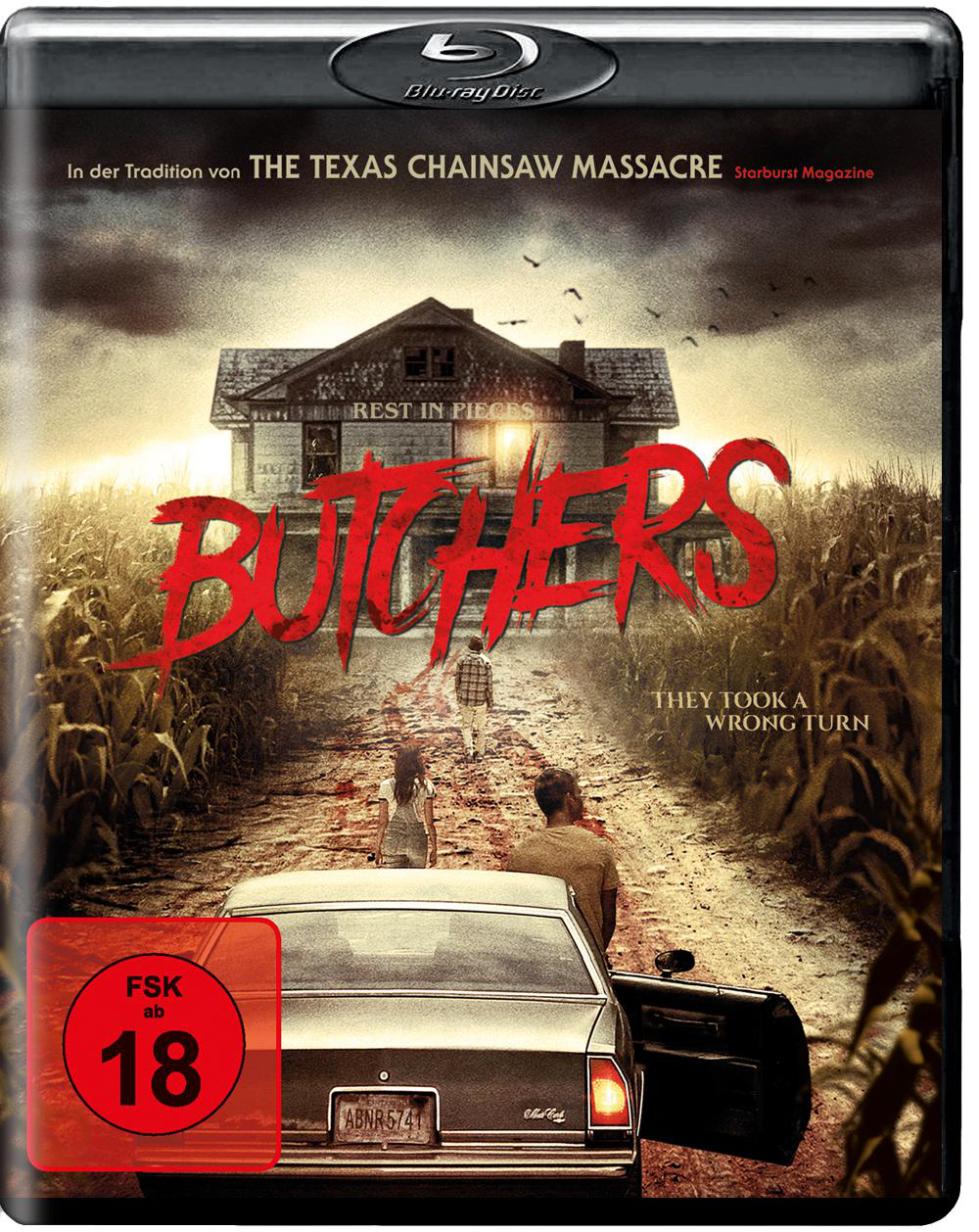 Filmcover: Szene mit Haus, Figuren und Auto auf der Straße. Titel ist 'BUTCHERS'.