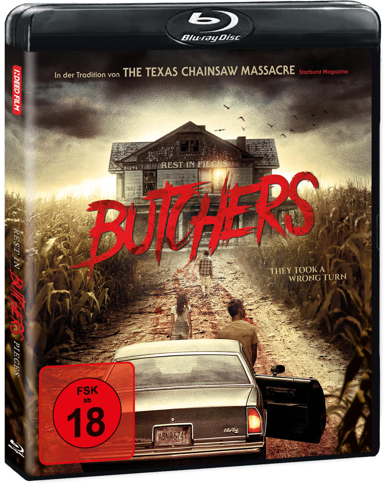 Blu-ray-Filmcover mit einem gruseligen Haus, einem Auto und einer Straße. Der Titel lautet 'Butchers'.
