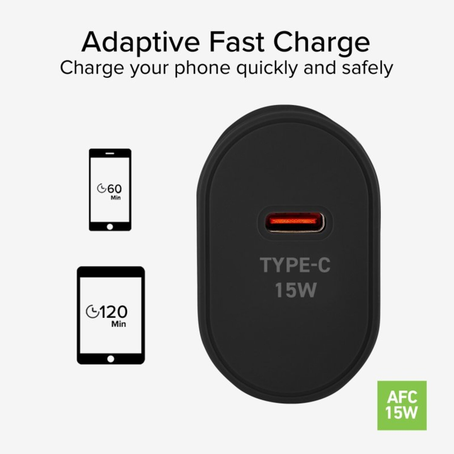 Chargeur noir avec port USB-C et deux icônes de téléphone montrant les temps.