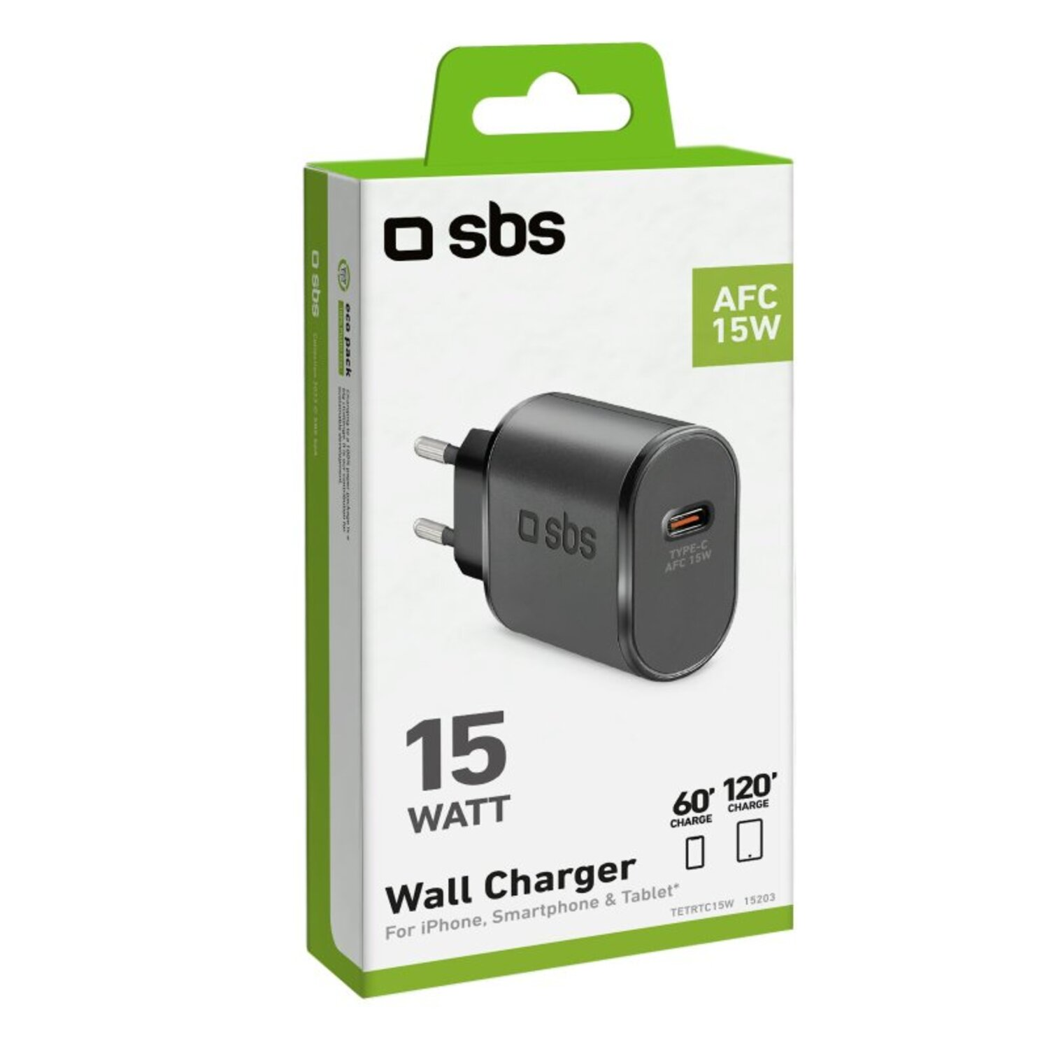 Chargeur mural blanc et noir avec port USB-C et boîtier de charge. Texte : 15 watts.