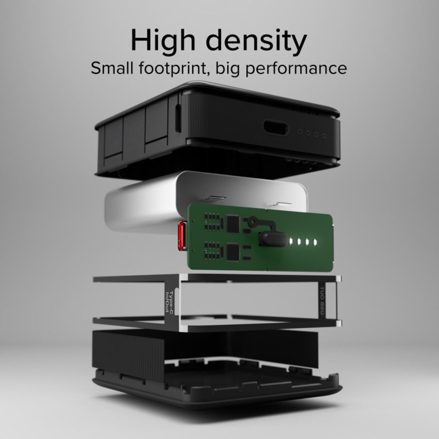 Vue éclatée d'une batterie externe noire, montrant ses composants.
