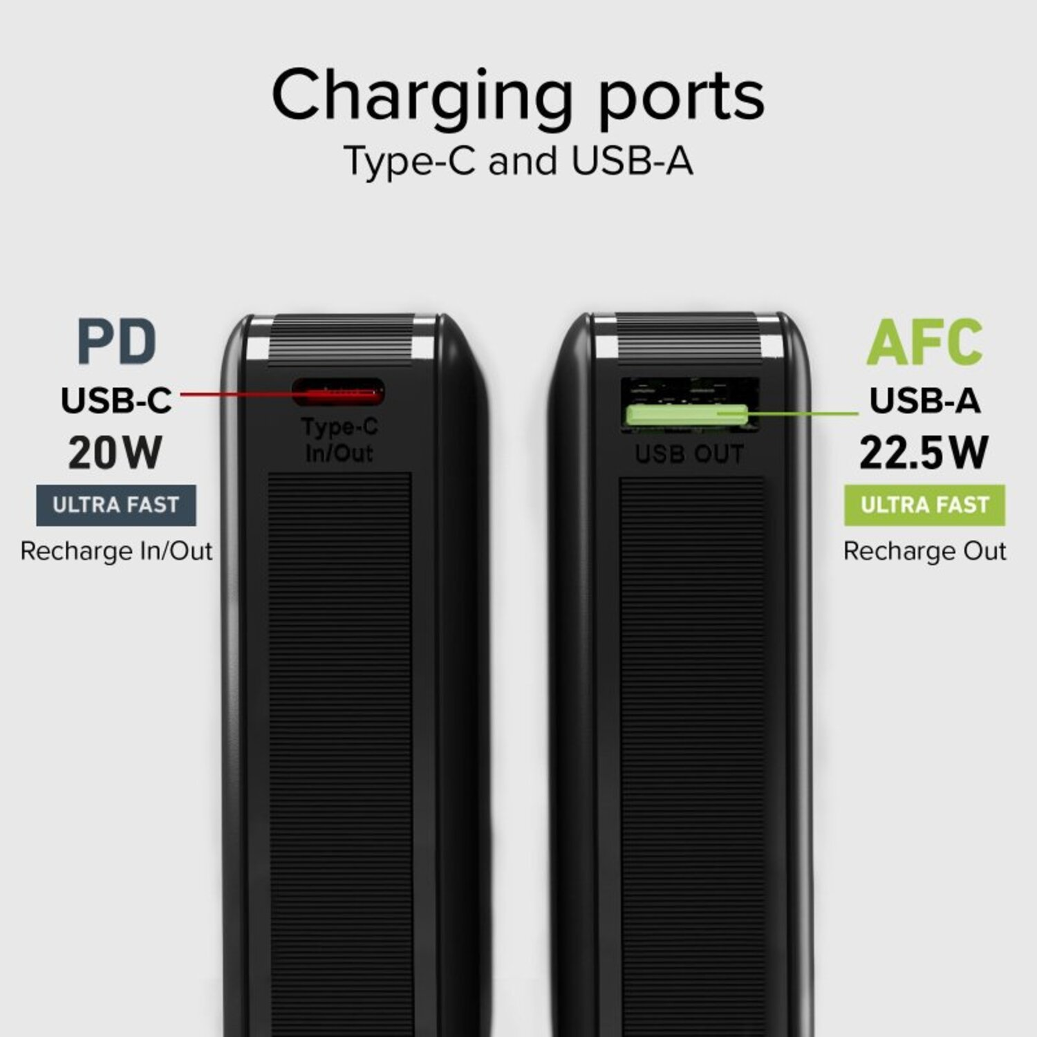 Batterie externe noire avec bouton, affichage de la charge restante et finition moletée.