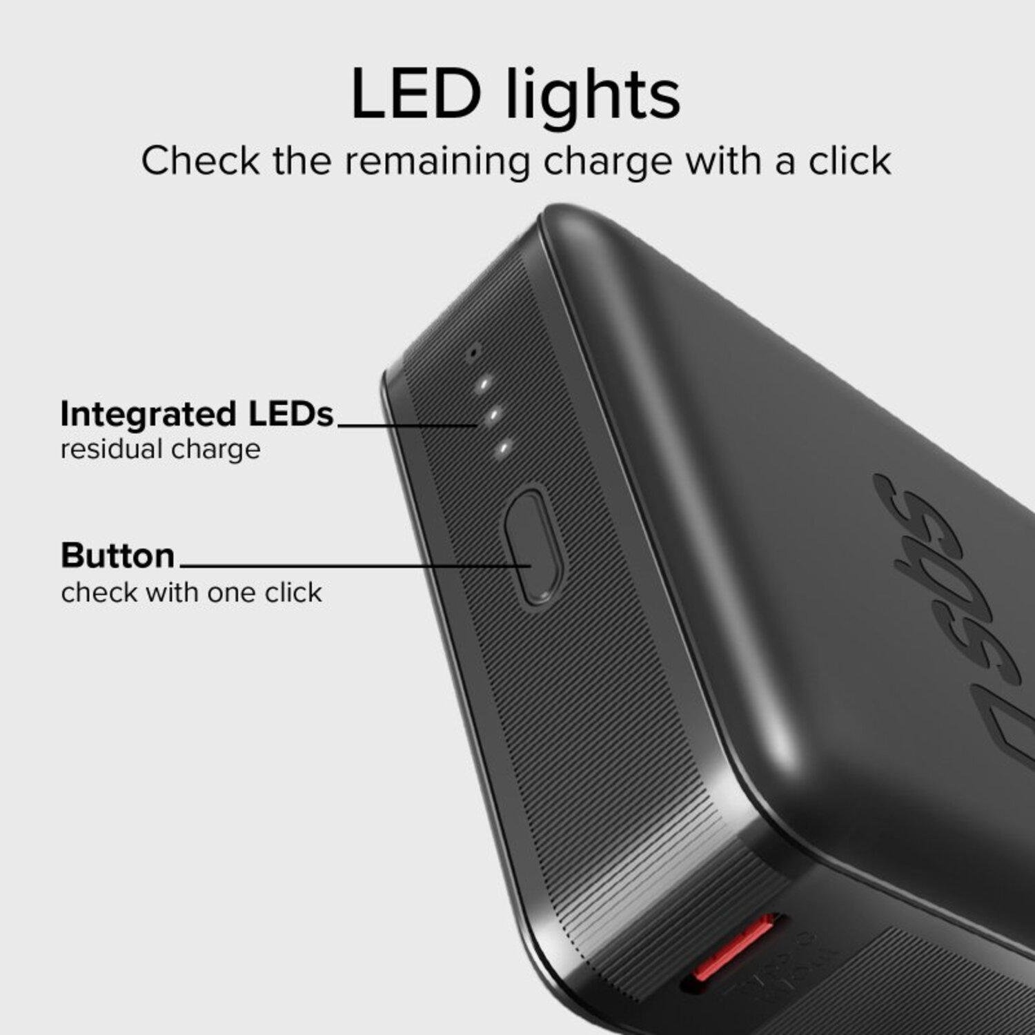 Appareil noir avec lumières LED, bouton et texte :