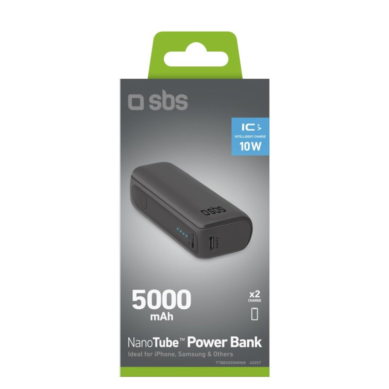 Batterie externe NanoTube noire dans une boîte, avec texte : 5000 mAh.