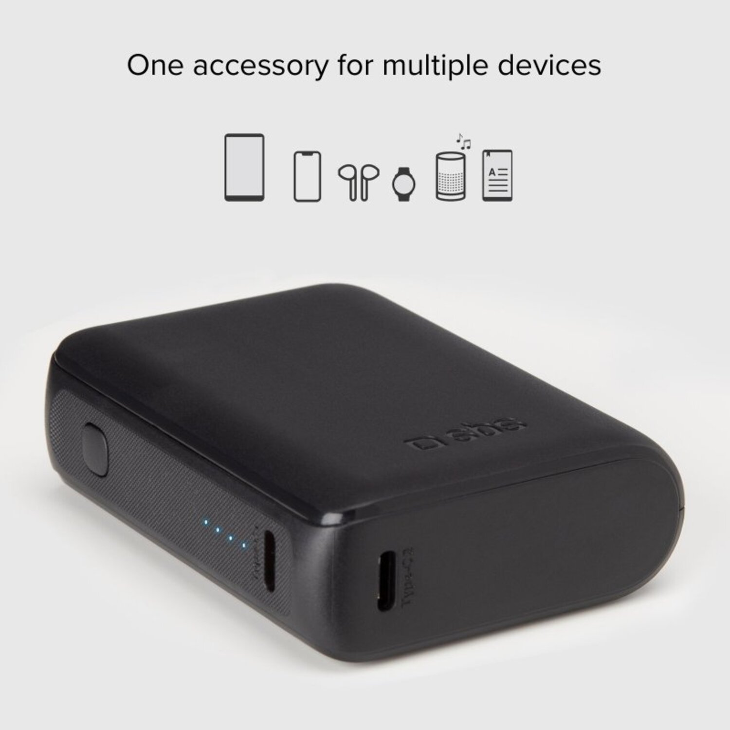 Une batterie externe noire avec diverses icônes et un port USB-C.