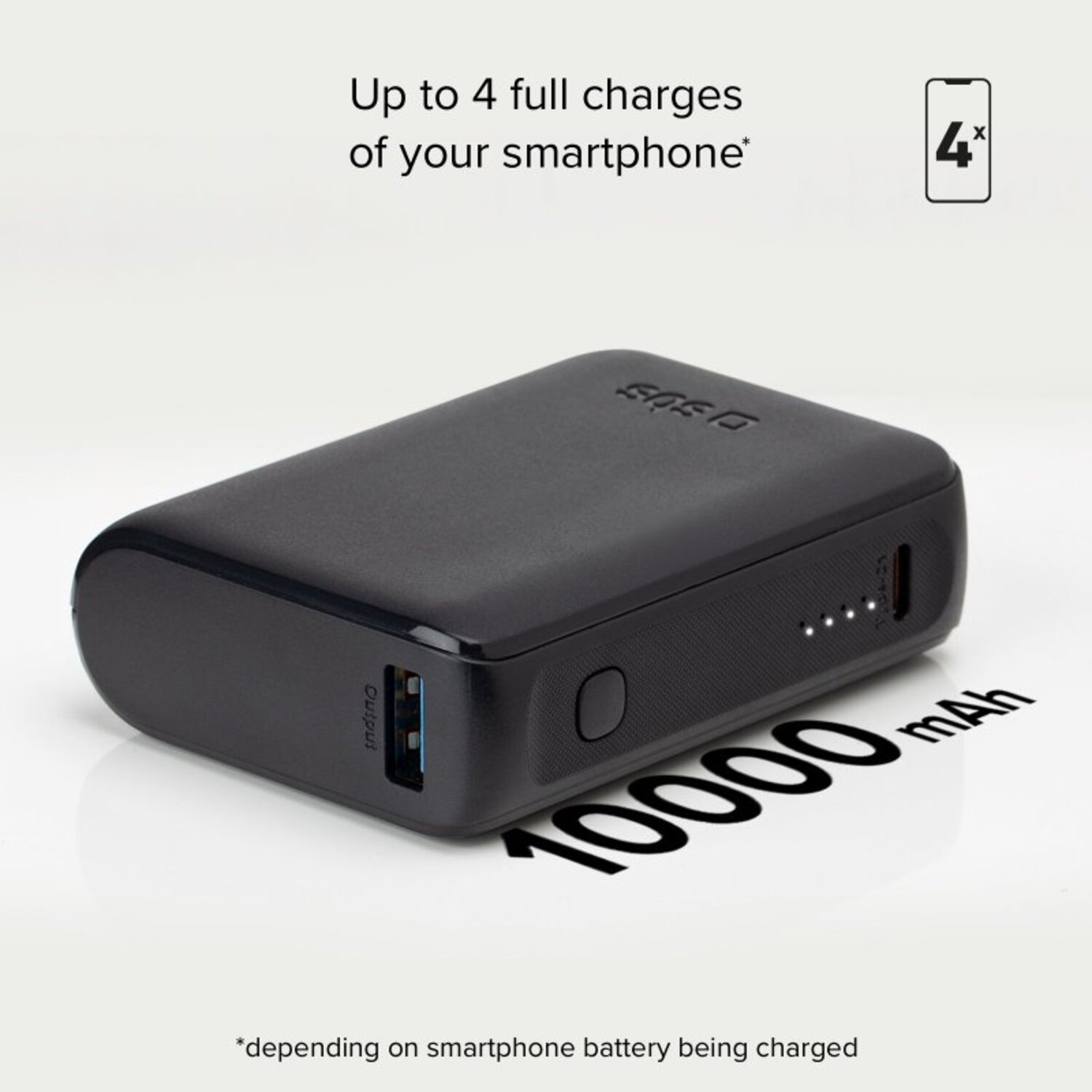 Batterie externe noire avec texte blanc et icône 4x sur fond blanc.