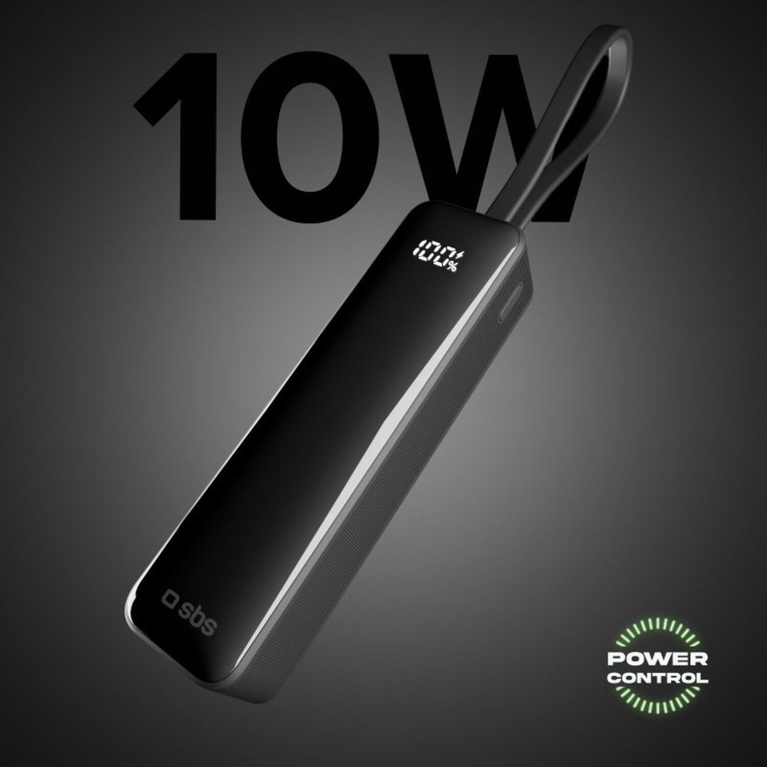 Une batterie externe noire avec un affichage numérique indiquant 100 %. Le mot POWER CONTROL est affiché.