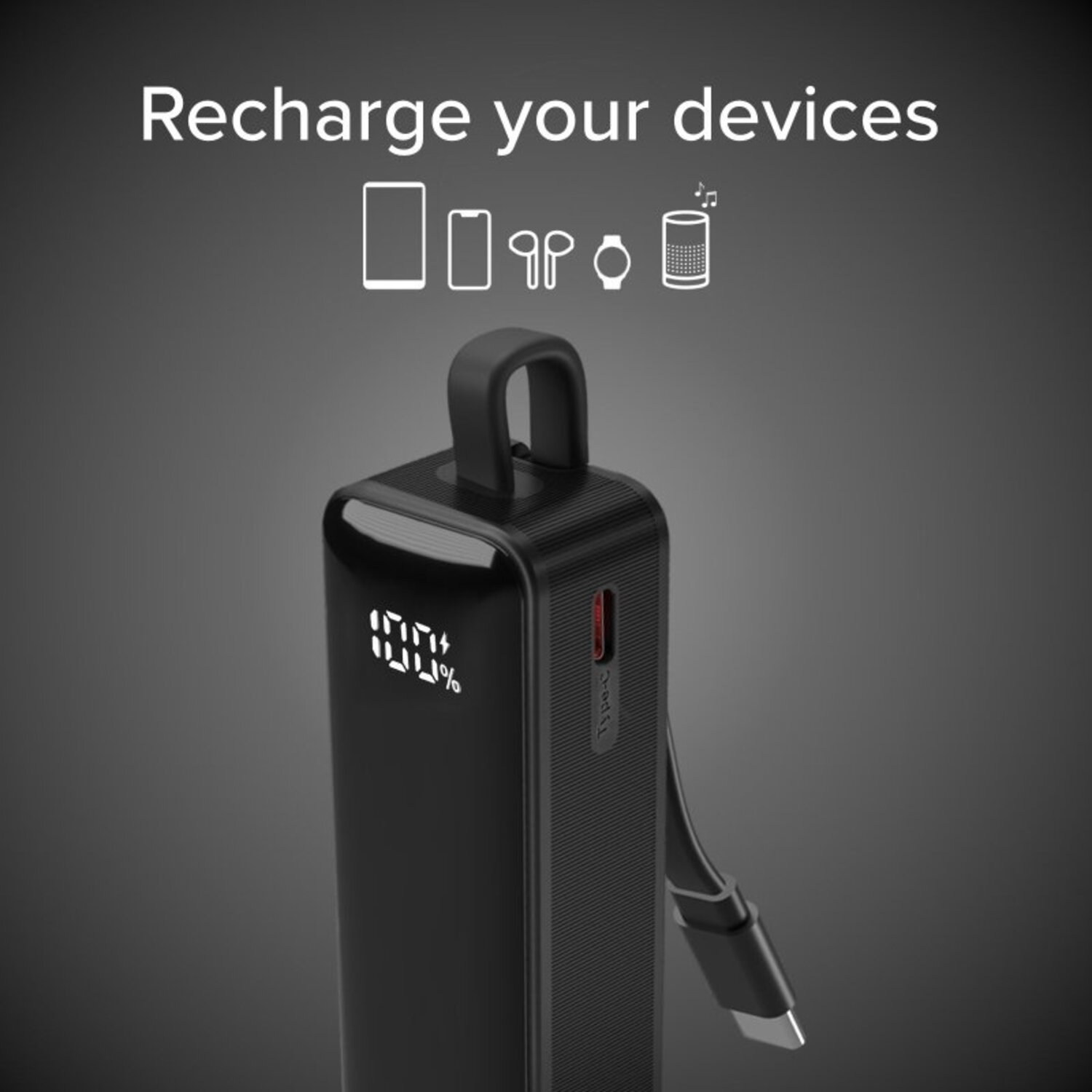 Batterie externe noire avec écran affichant 100%. Avec câble USB-C.
