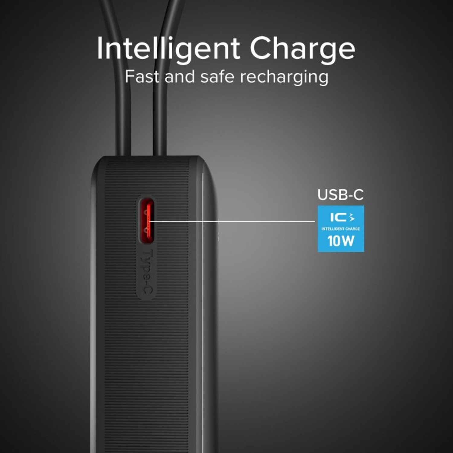 Un chargeur noir avec port USB-C, étiqueté IC et sortie 10W. Deux câbles noirs connectés.