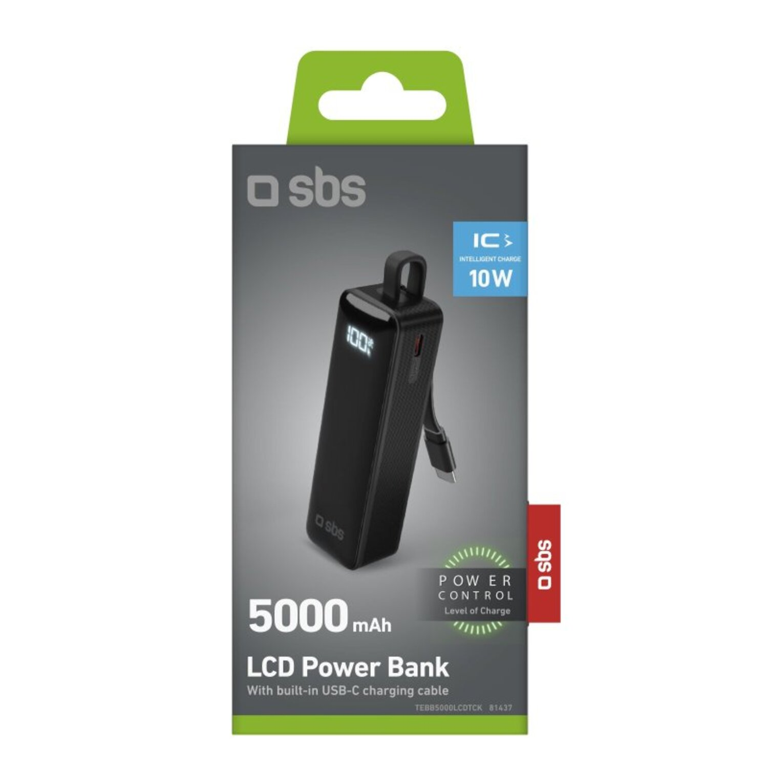 Batterie externe noire avec un câble USB-C et un écran affichant le niveau de charge.