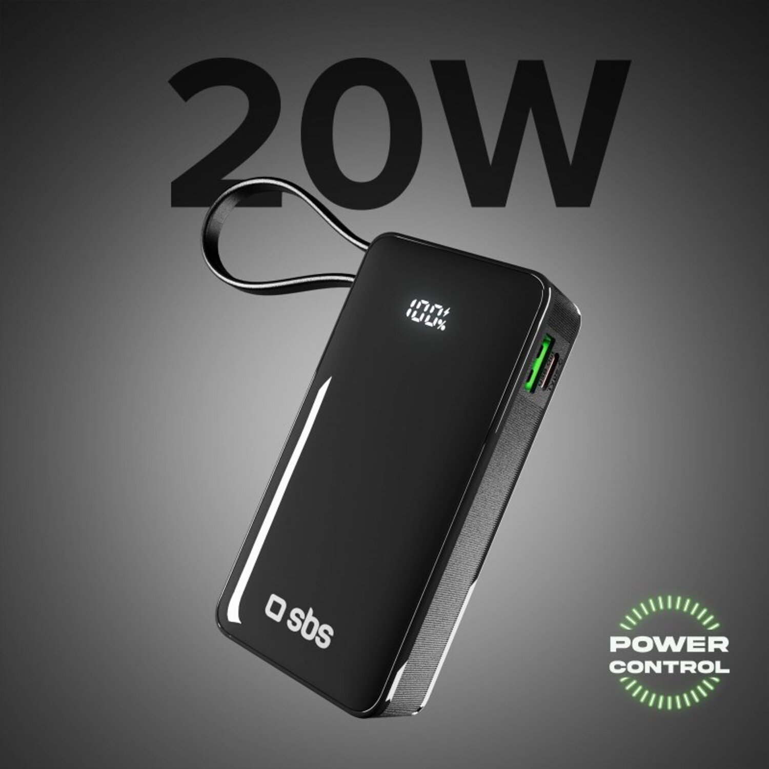 Batterie externe noire avec écran 100%, texte 20W et port vert.