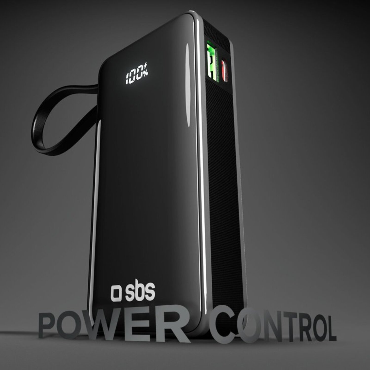 Batterie externe indiquant le niveau de batterie et les ports de charge.