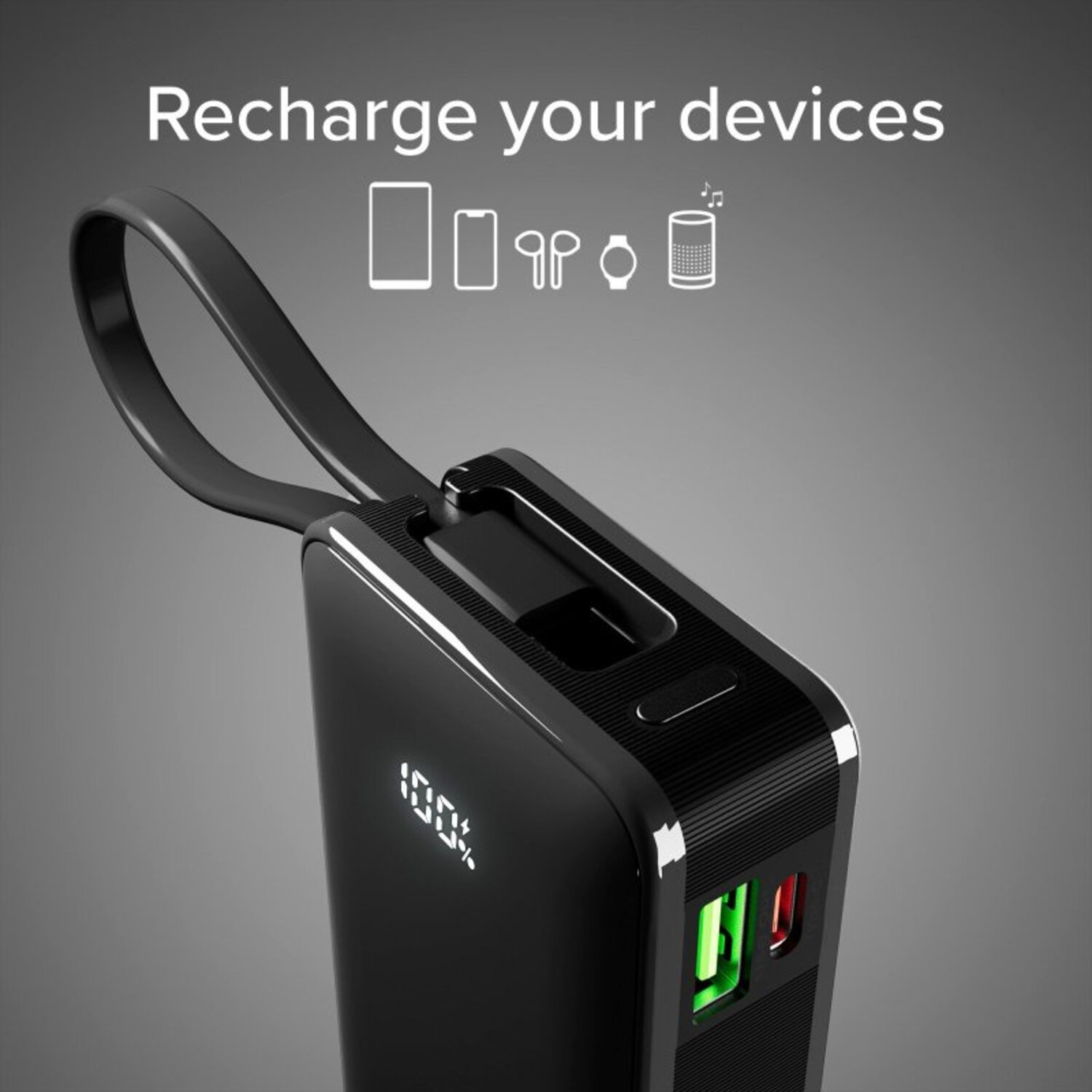 Une batterie externe noire avec un écran. L'écran affiche 100%.