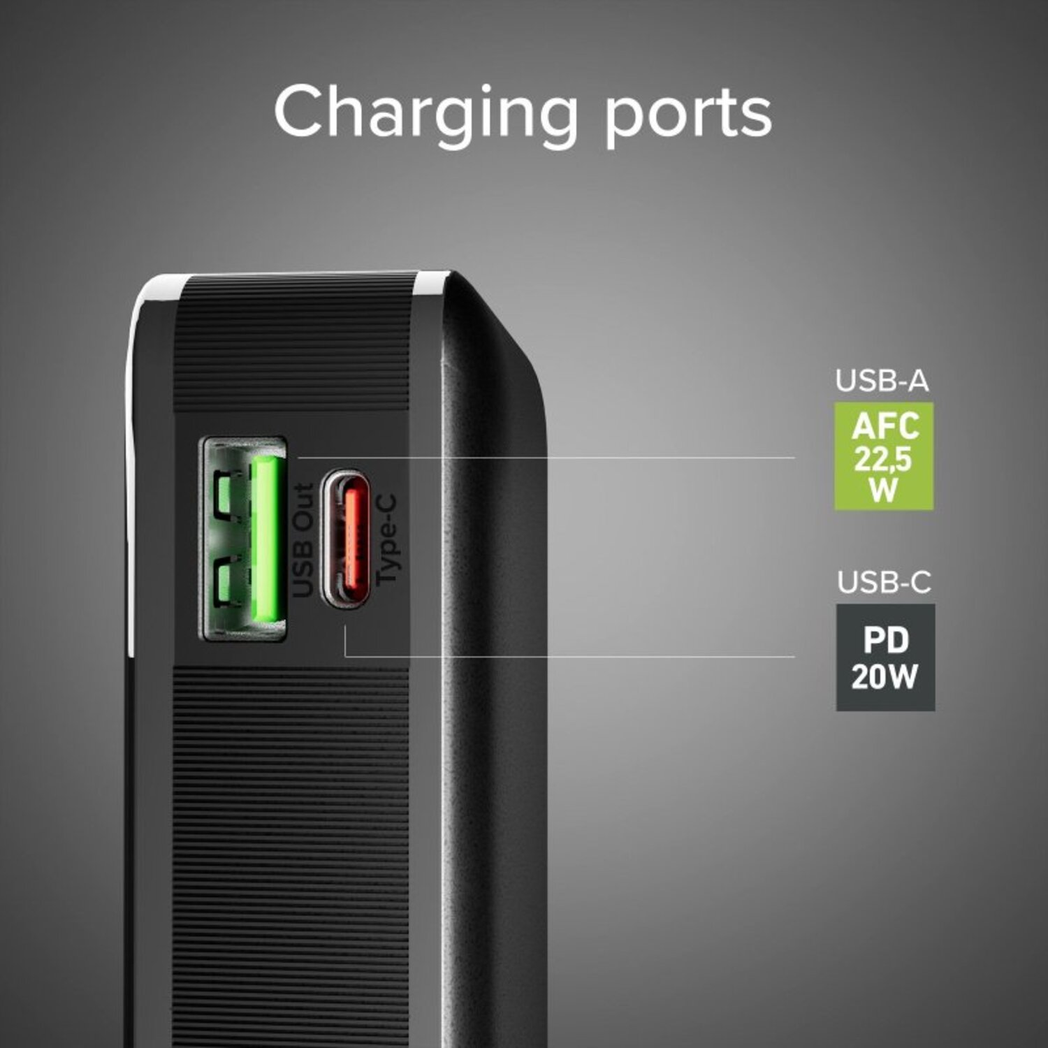 Gros plan d'une batterie externe montrant les ports de charge : USB-A, USB-C.