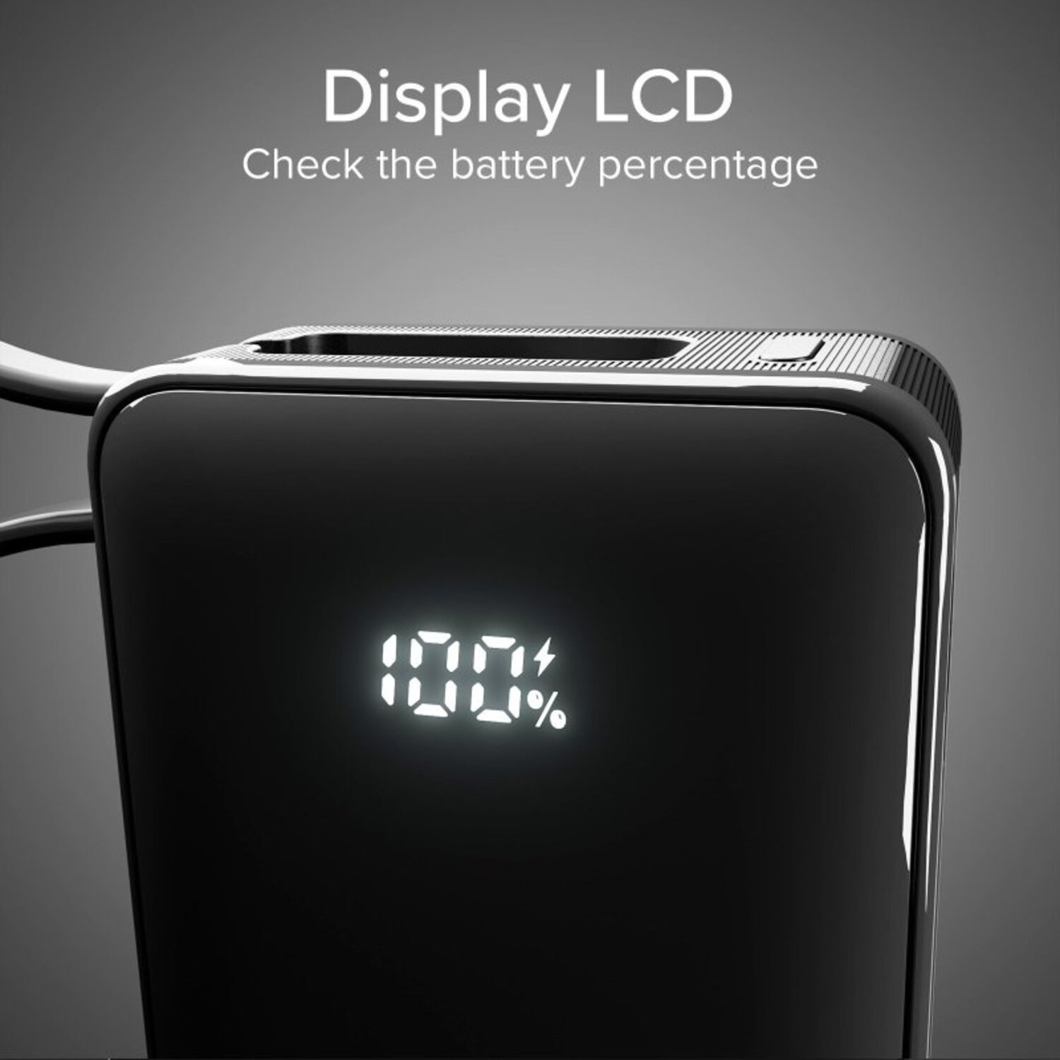 Batterie externe noire avec un écran affichant 100% de charge.