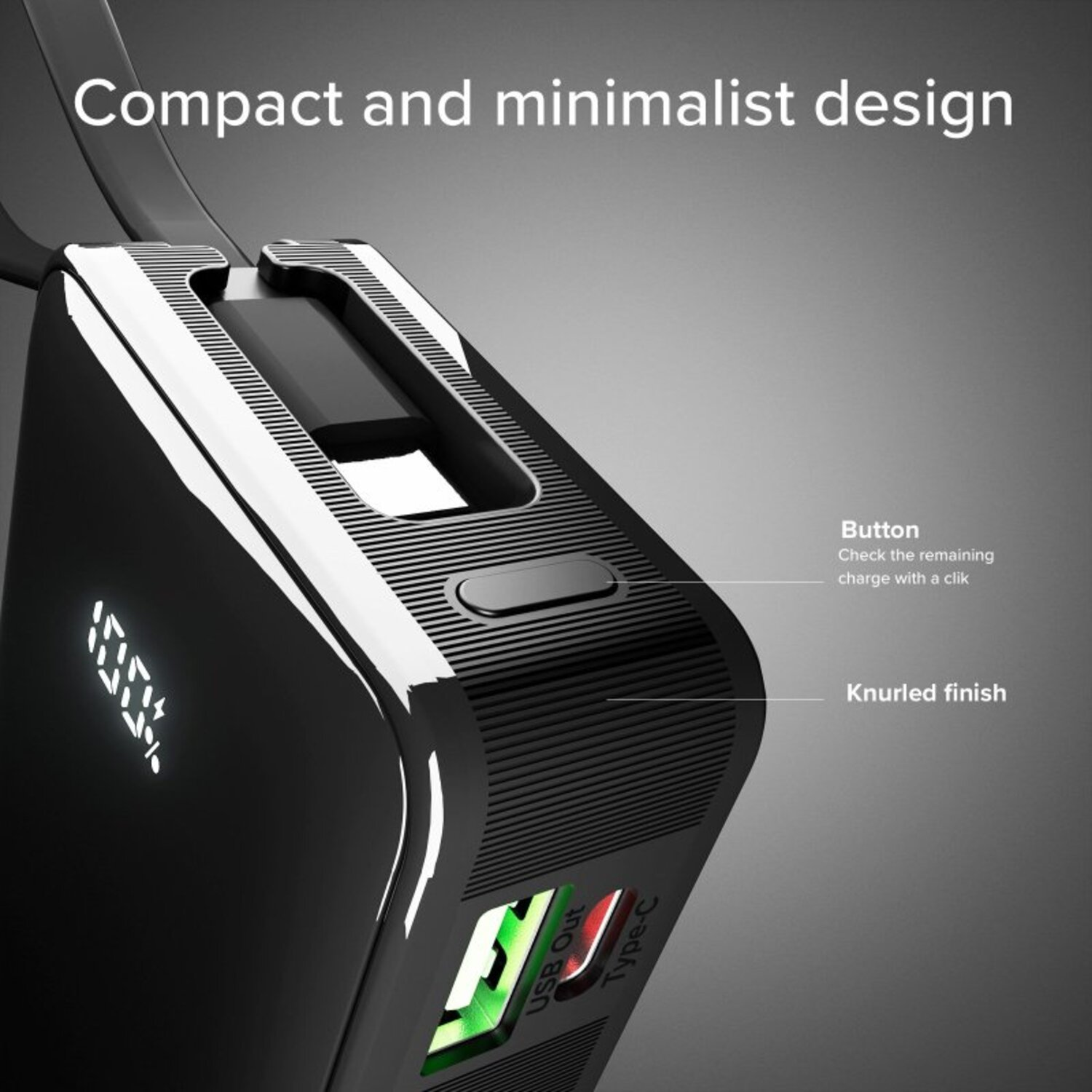 Batterie externe avec port USB et port Type-C, tous deux avec une lumière verte.